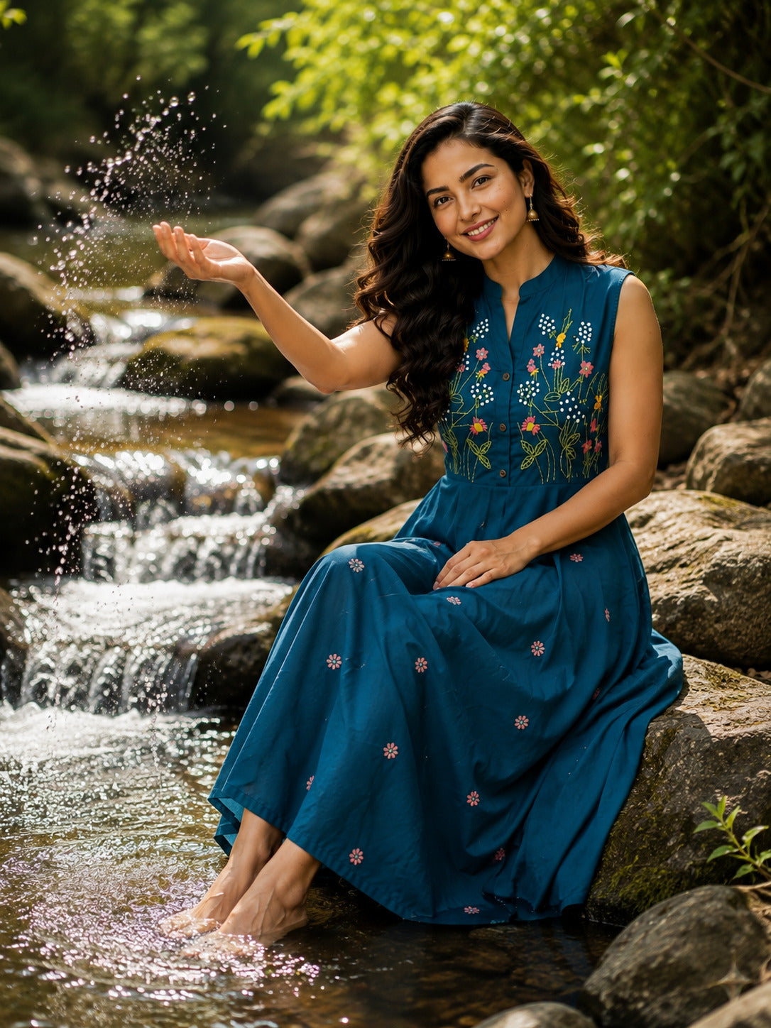 Women's Blue Floral Embroidered Halterneck Dress