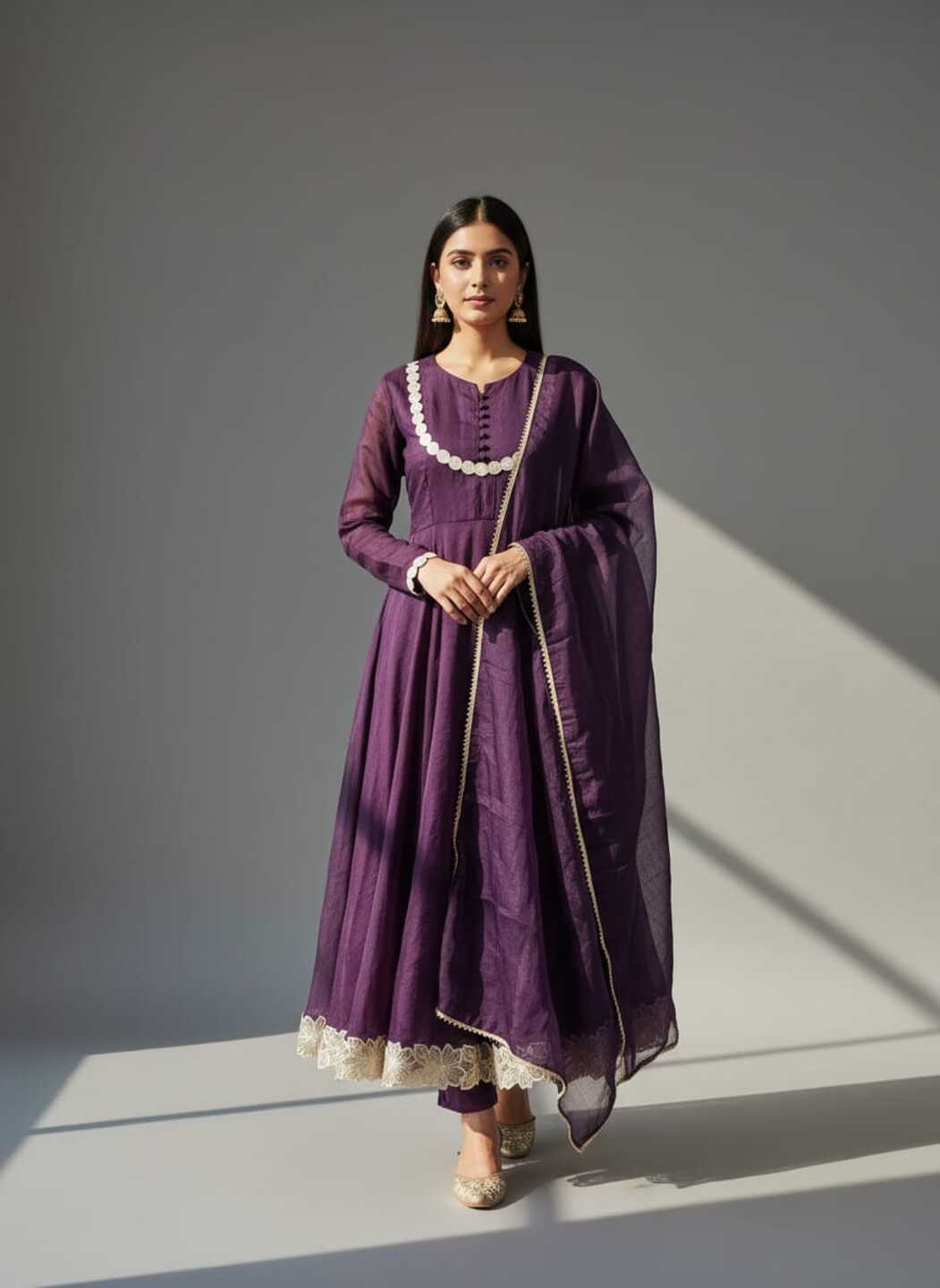 Women's Purple Dress With Pant And Dupatta
