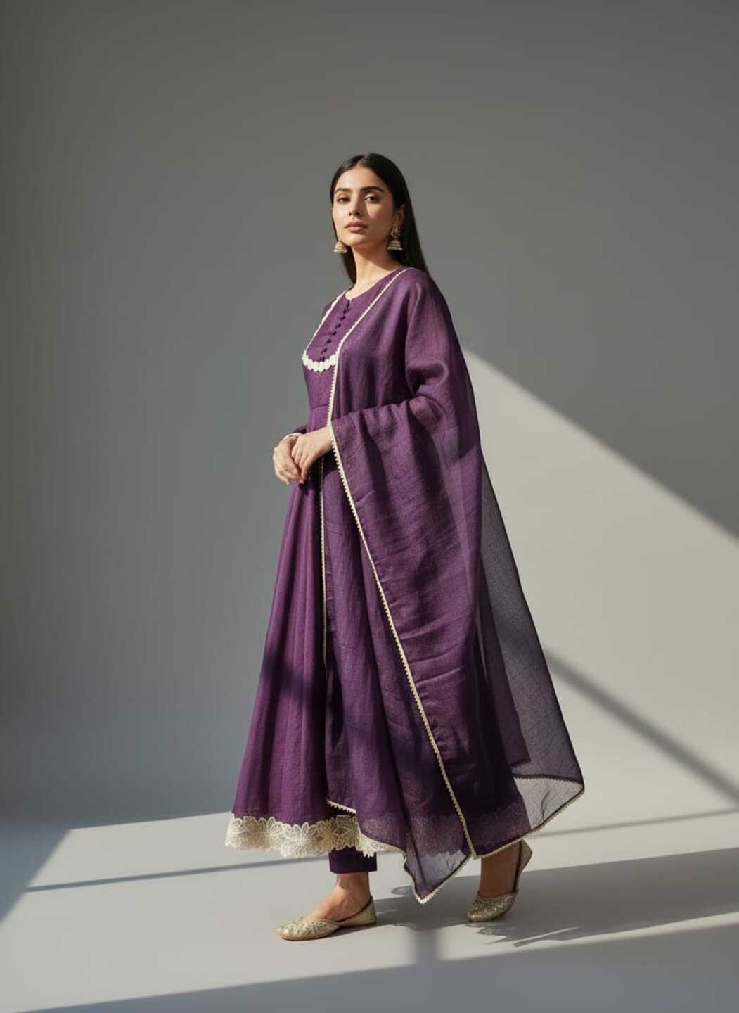 Three images of a women's purple dress with matching pants and dupatta by Crazy Needle Online. Elegant traditional attire.