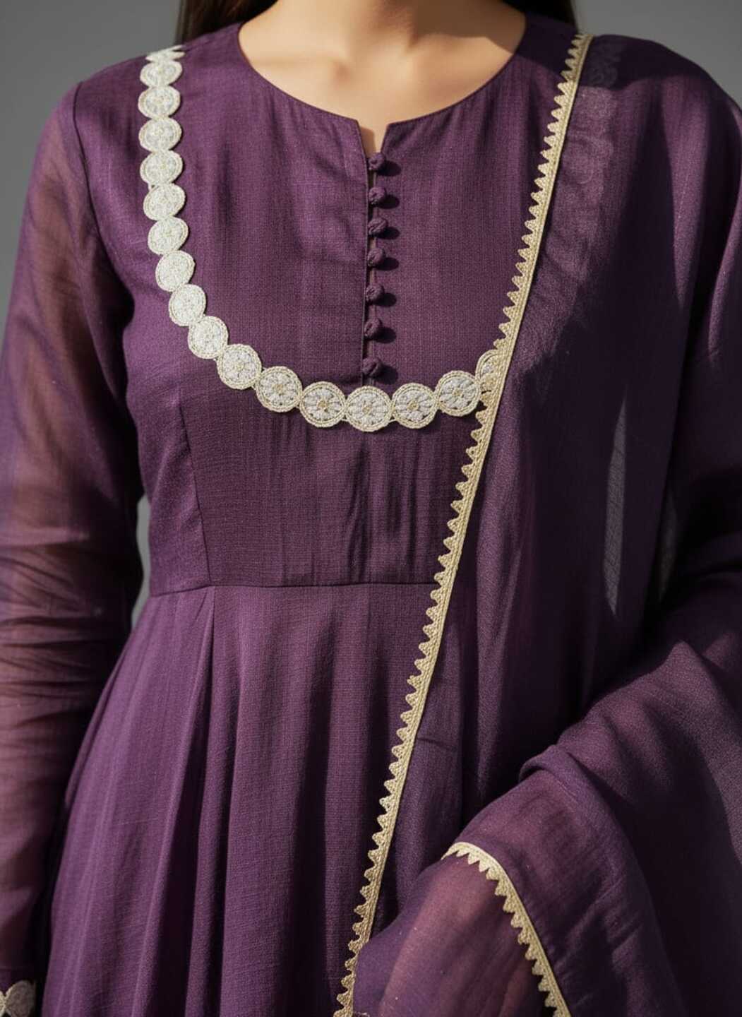 Three images showing a women's purple dress with matching pants and dupatta by Crazy Needle Online, featuring elegant traditional attire.