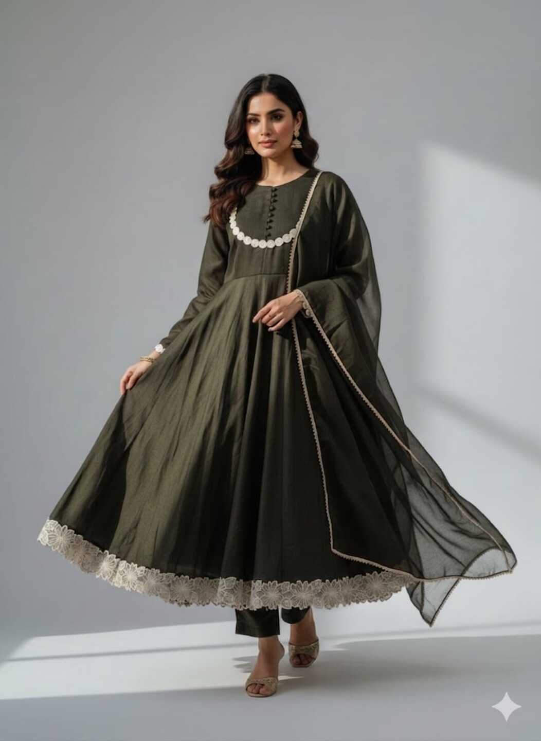 Women's Bottle Green Dress With Pant And Dupatta