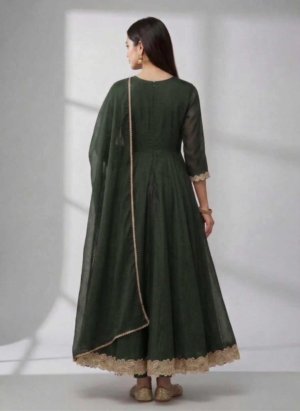 Three images showing a women's bottle green dress with matching pants and dupatta by Crazy Needle Online.