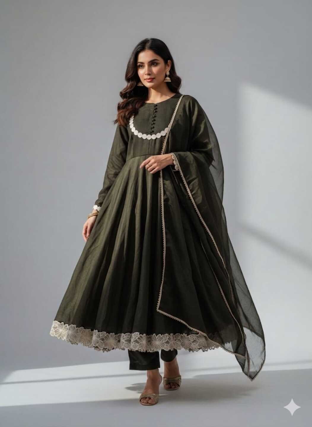 Three images of a women's bottle green dress with matching pants and dupatta by Crazy Needle Online.