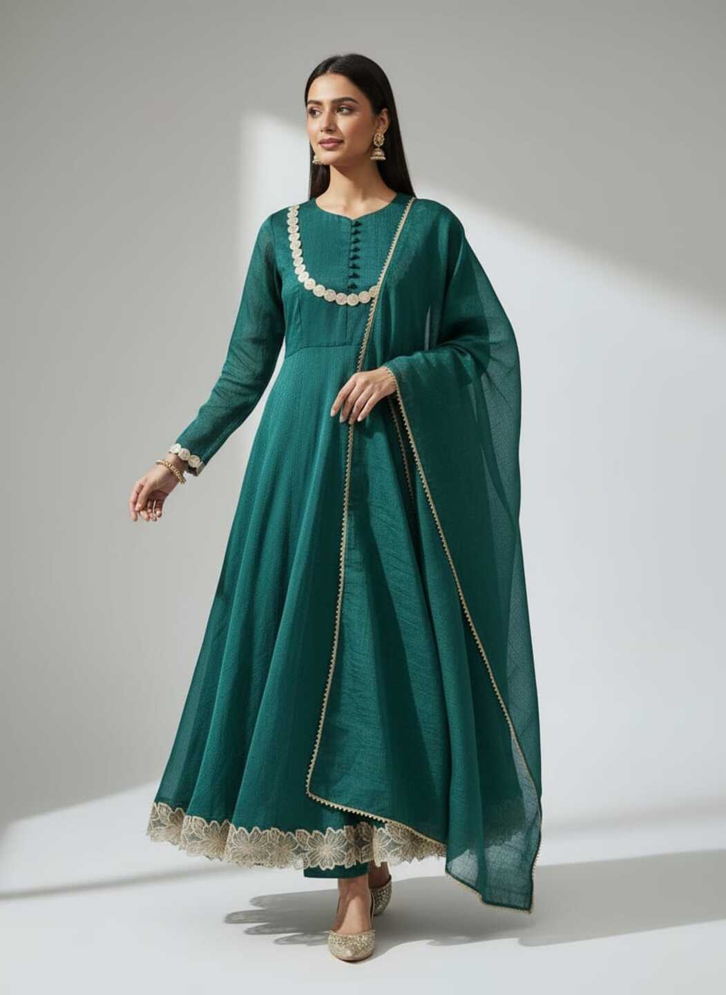 Women's Green Anarkali Dress With Pant And Dupatta