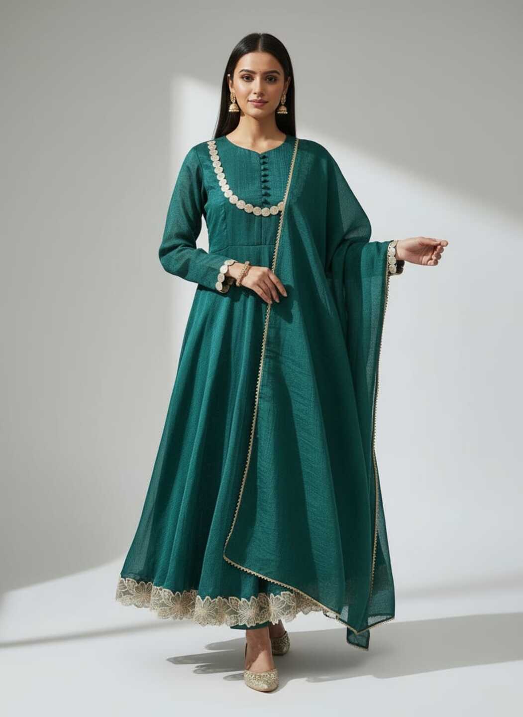 Three images of a women's green Anarkali dress with matching pant and dupatta by Crazy Needle Online.