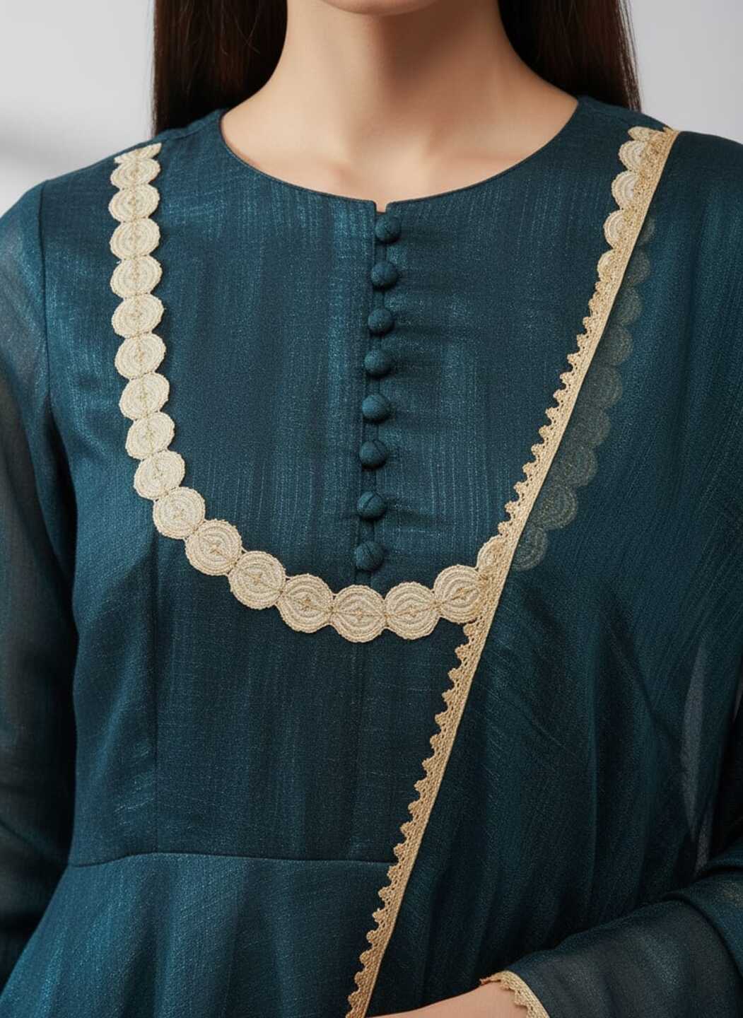 Three images showing a women's blue dress with matching pant and dupatta from Crazy Needle Online, featuring elegant traditional attire.