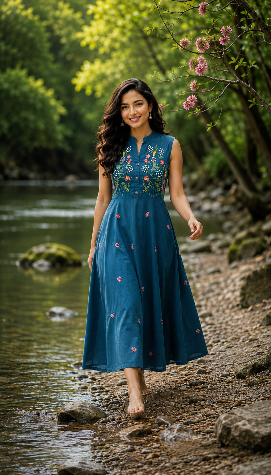 Women's Blue Floral Embroidered Halterneck Dress
