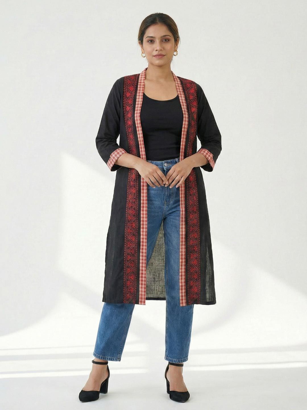 Women's black long cotton shrug by Crazy Needle Online
