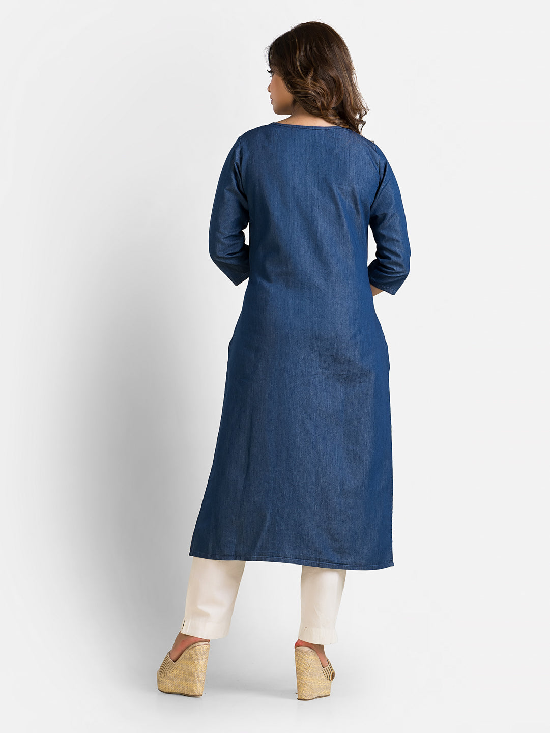 Women's Denim Kurta With White Neckline