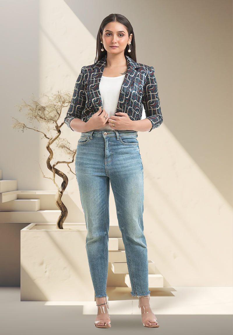 Women's Navy Blue Ajrakh Printed Jacket