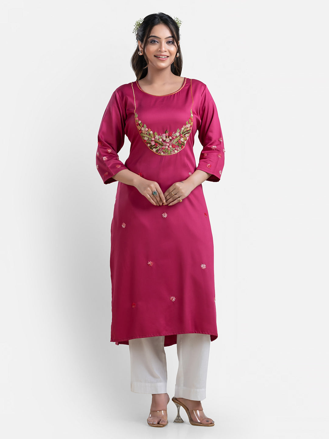 Women's 3/4th Sleeves Thread Work Pink Kurti