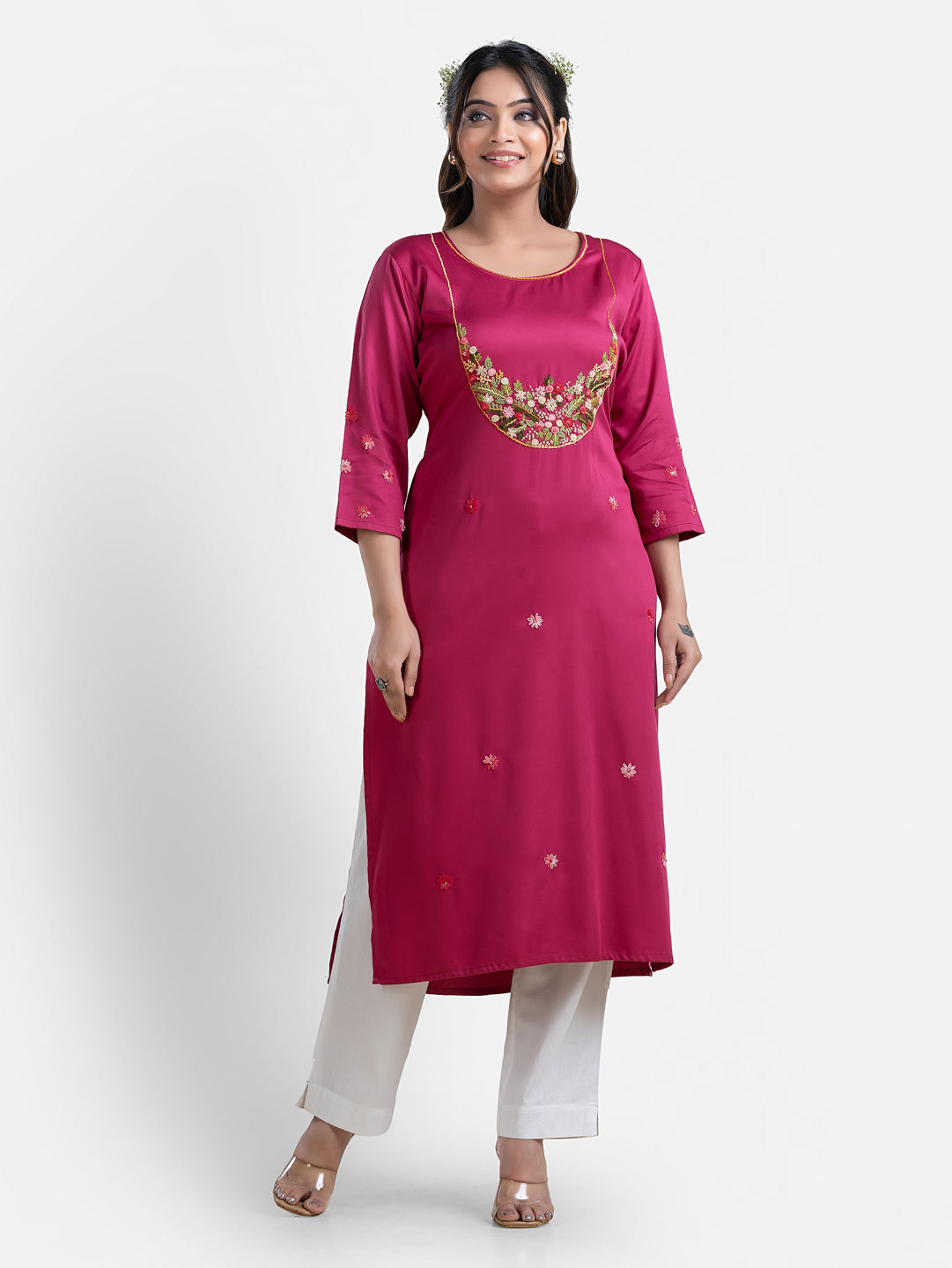 Women's 3/4th Sleeves Thread Work Pink Kurti