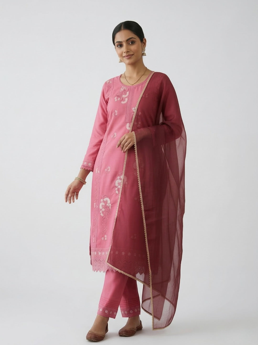 Women's pink kurti pant set with dupatta featuring intricate thread work, displayed in three images from Crazy Needle Online.