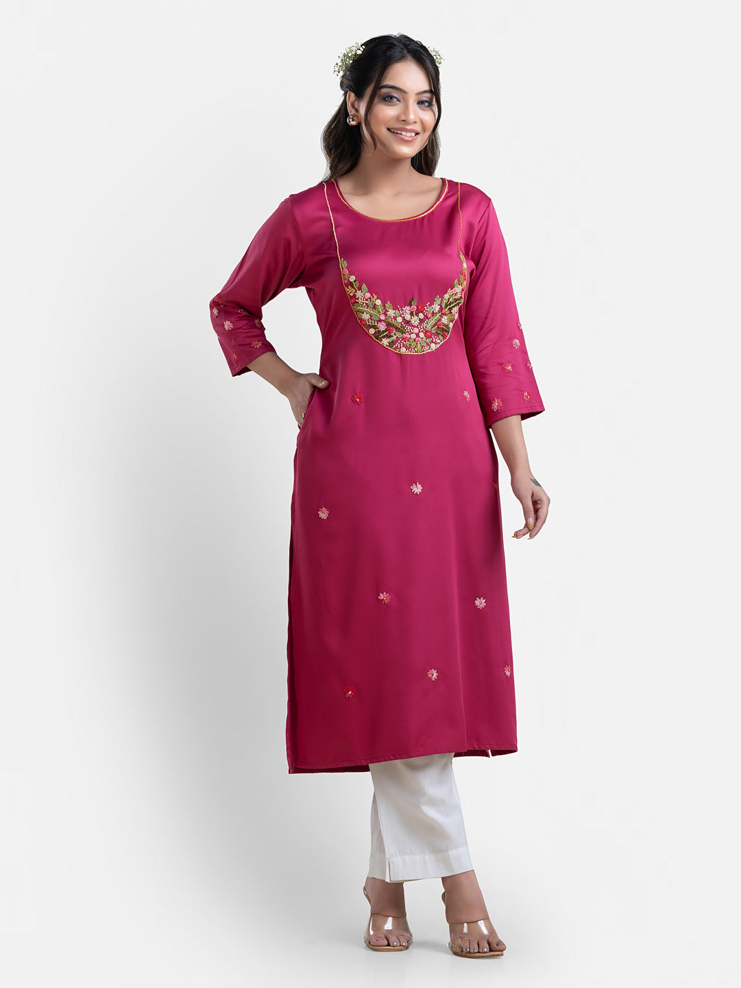 Women's 3/4th Sleeves Thread Work Pink Kurti