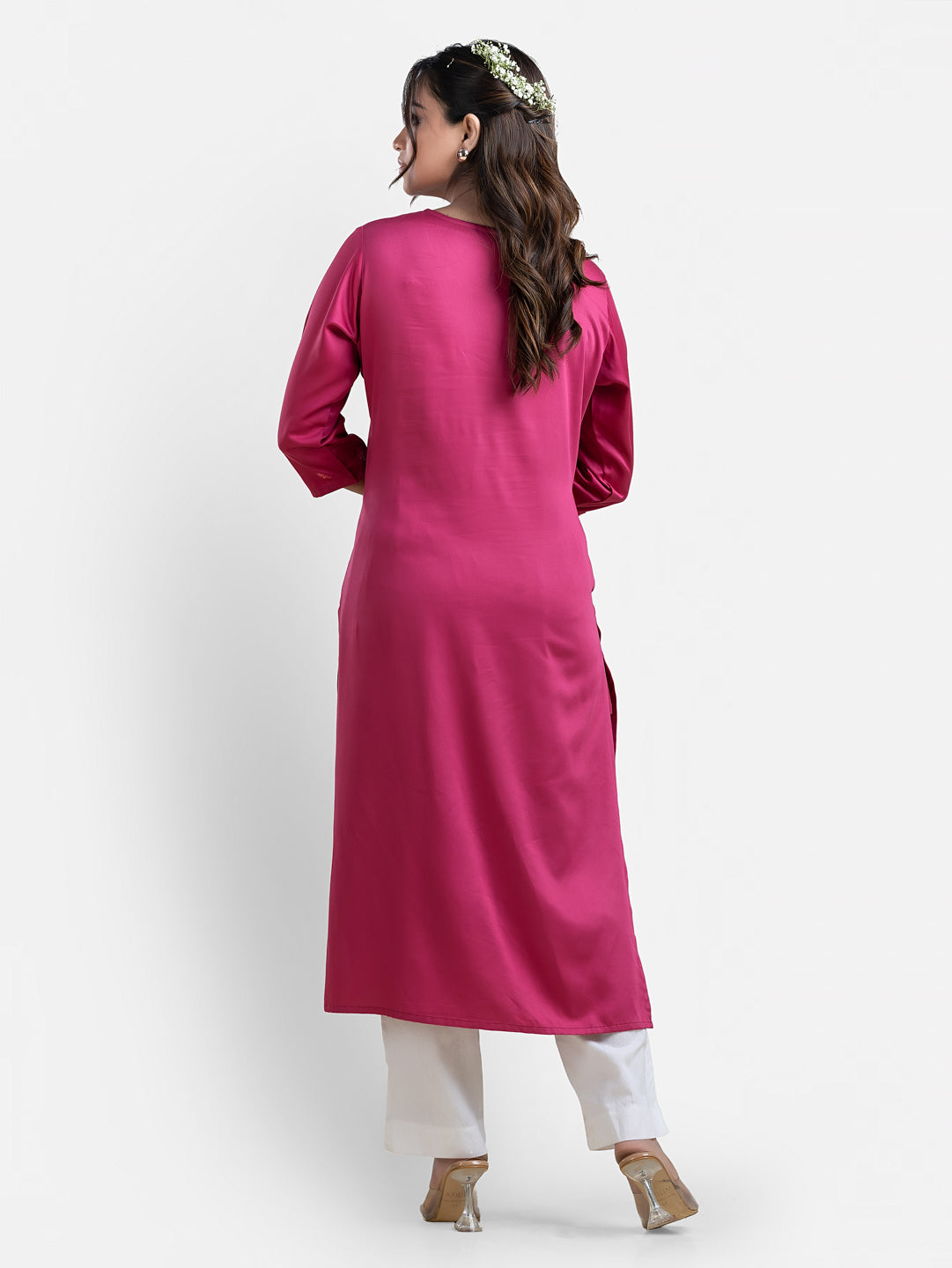 Women's 3/4th Sleeves Thread Work Pink Kurti