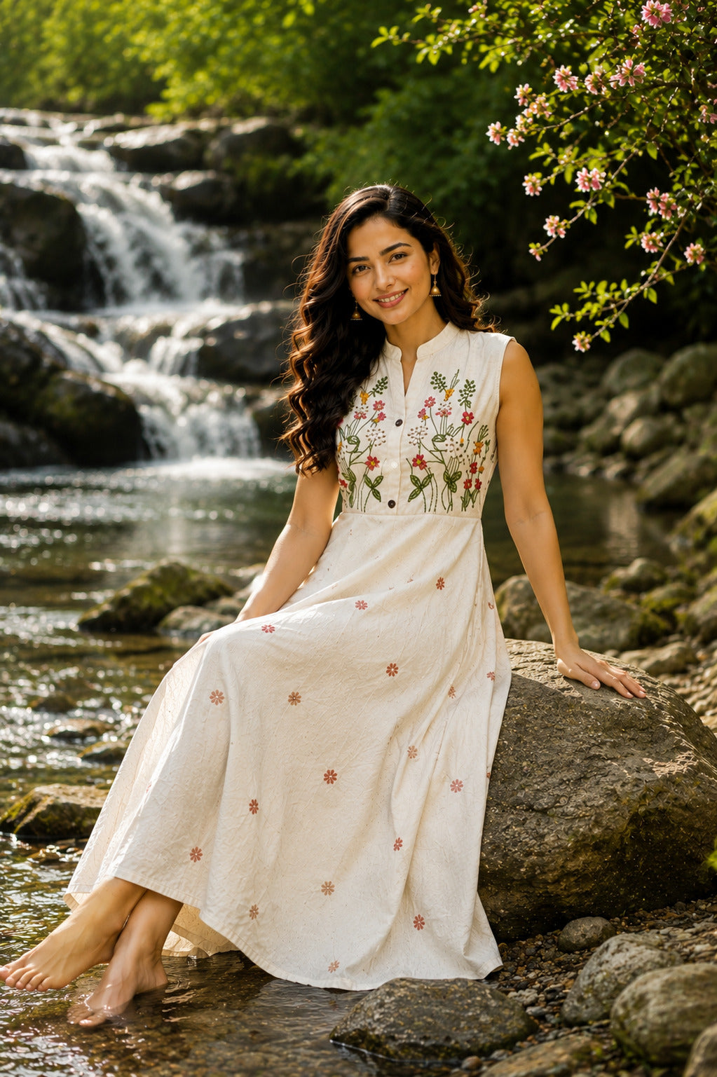 Women's White Floral Embroidered Halterneck Dress