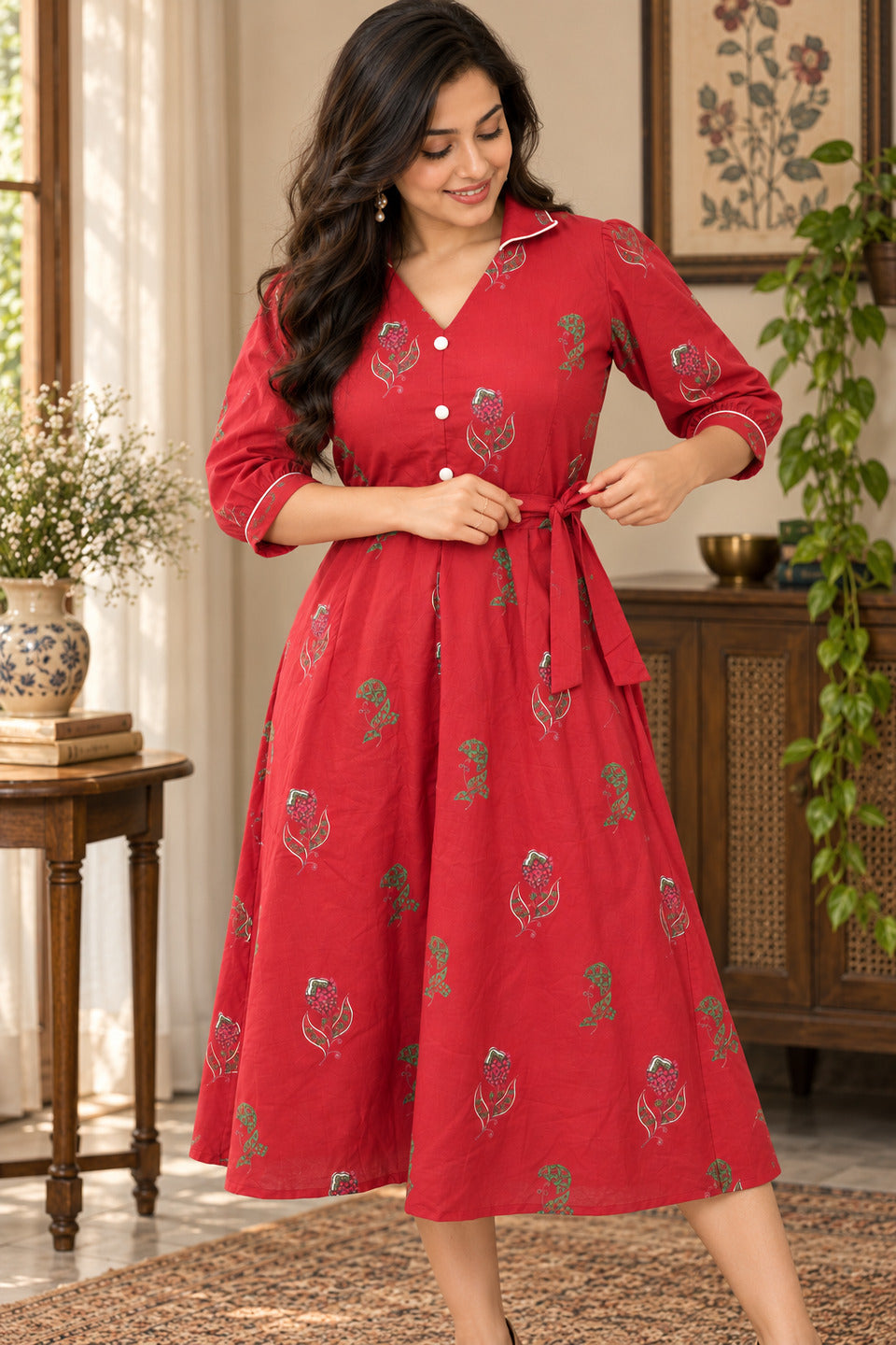 Women's Red Lapel Collar Dress