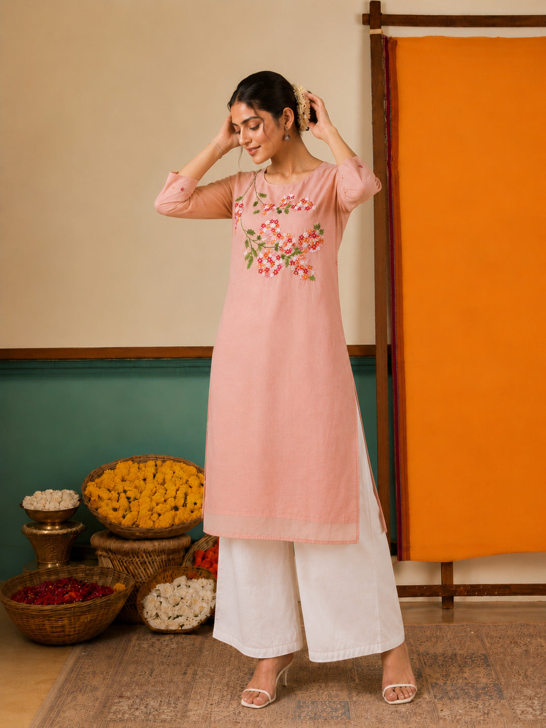 Women's Floral Embroidered Peach Kurta