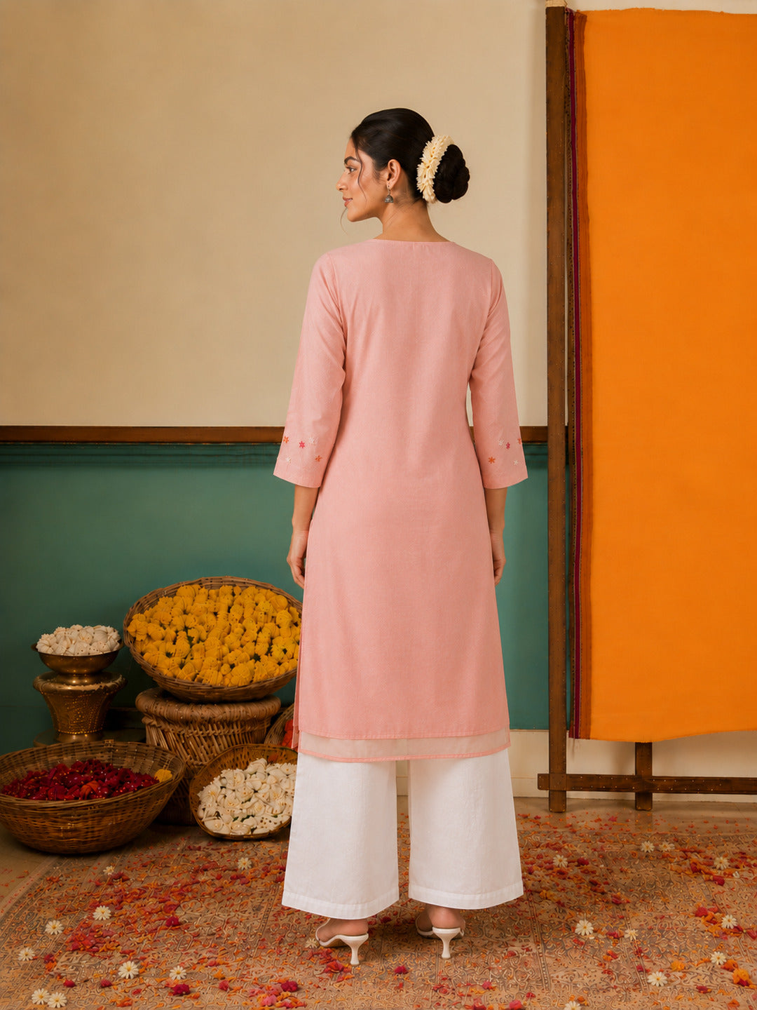 Women's Floral Embroidered Peach Kurta