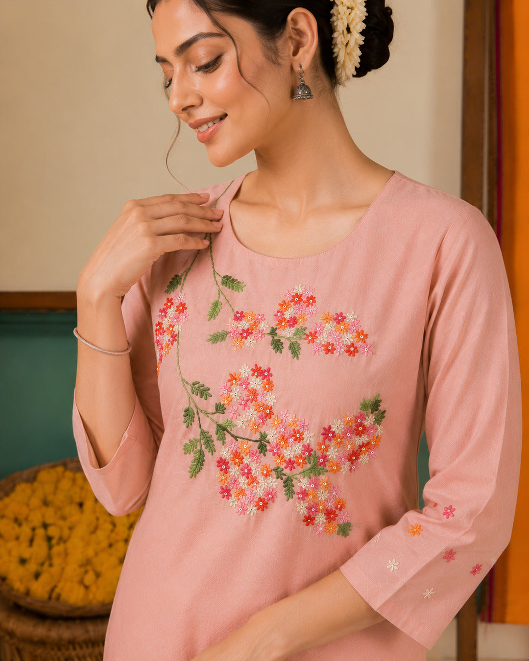 Women's Floral Embroidered Peach Kurta