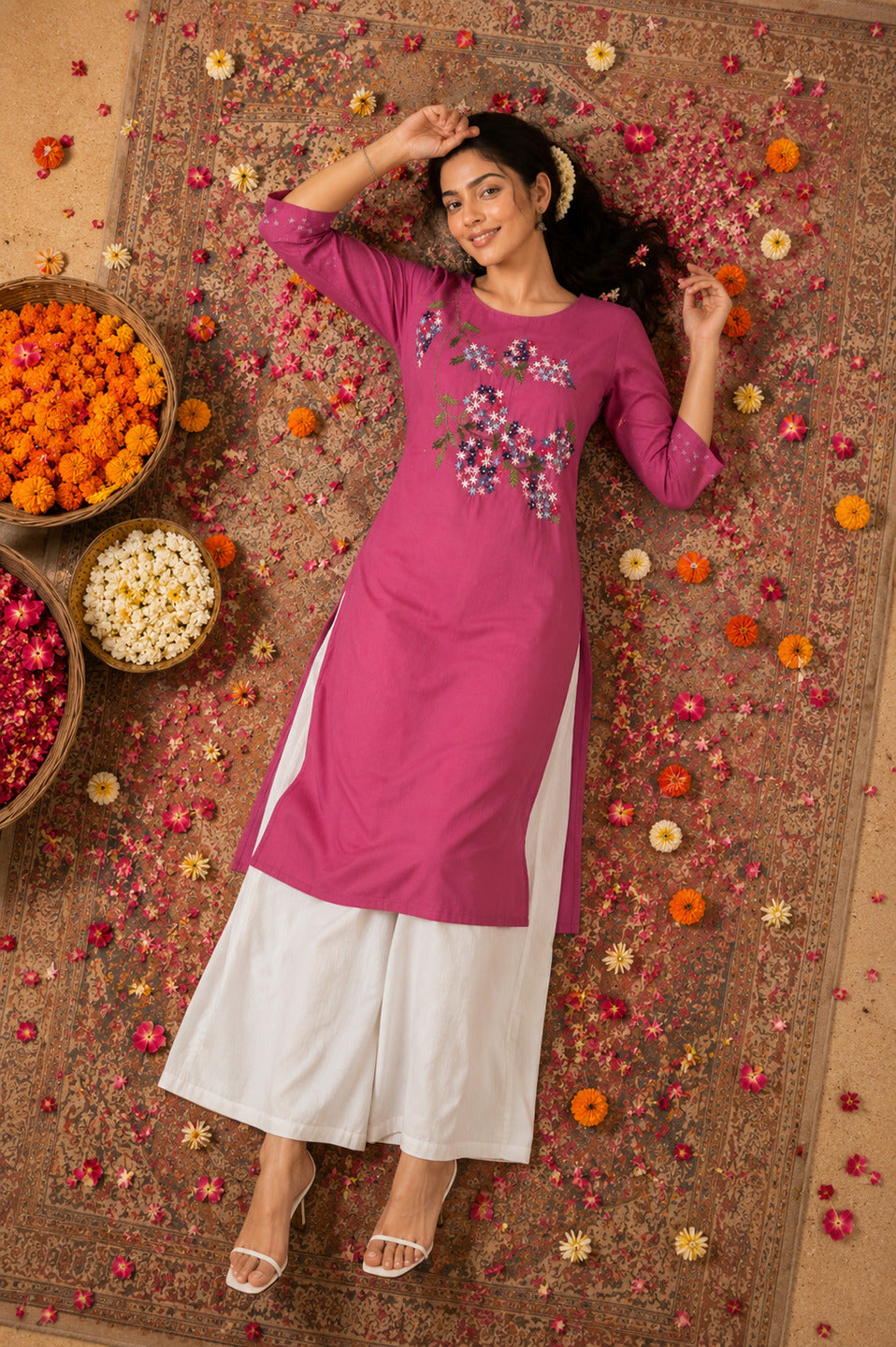 Women's Floral Embroidered Pink Kurta
