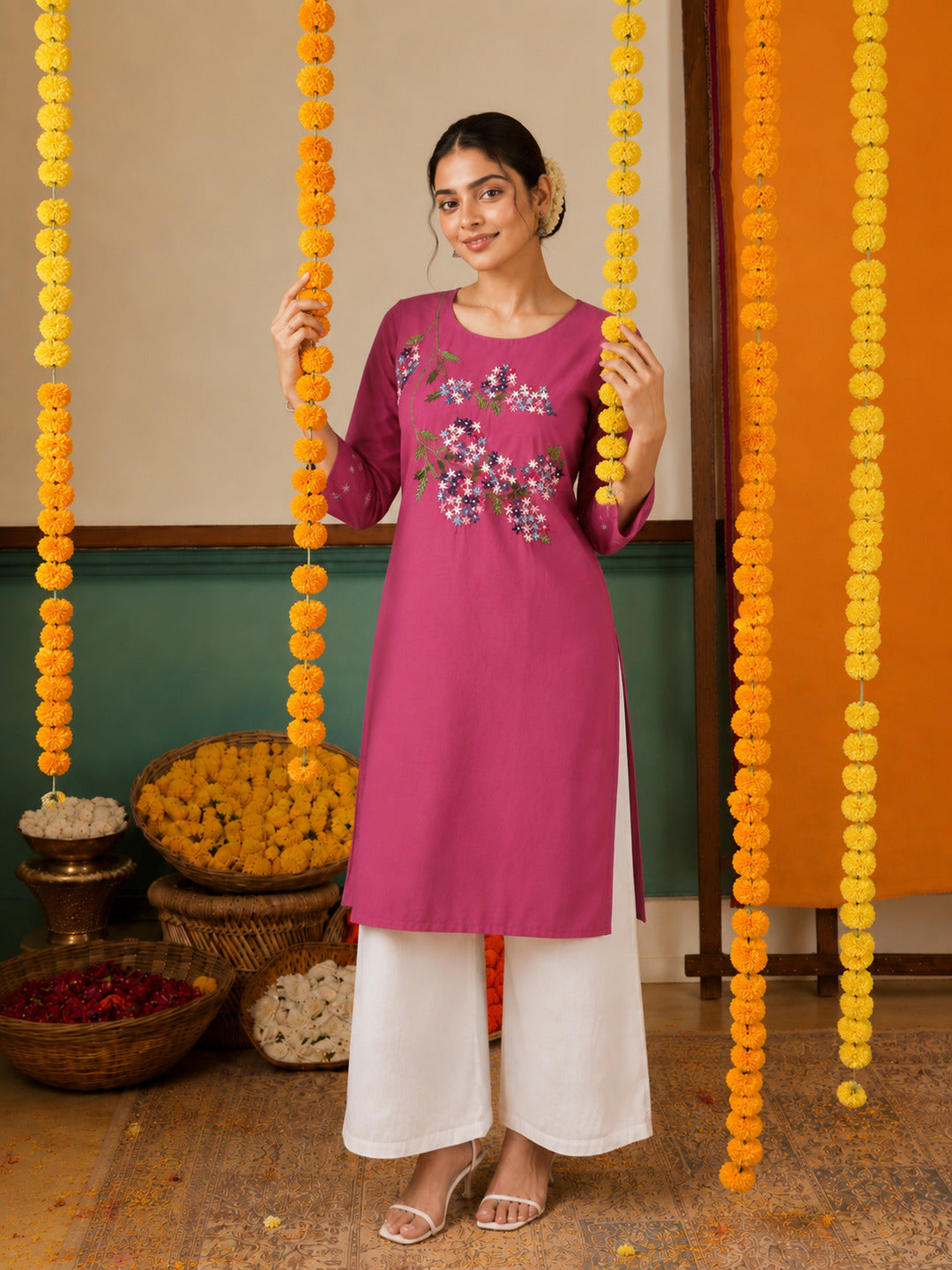 Women's Floral Embroidered Pink Kurta