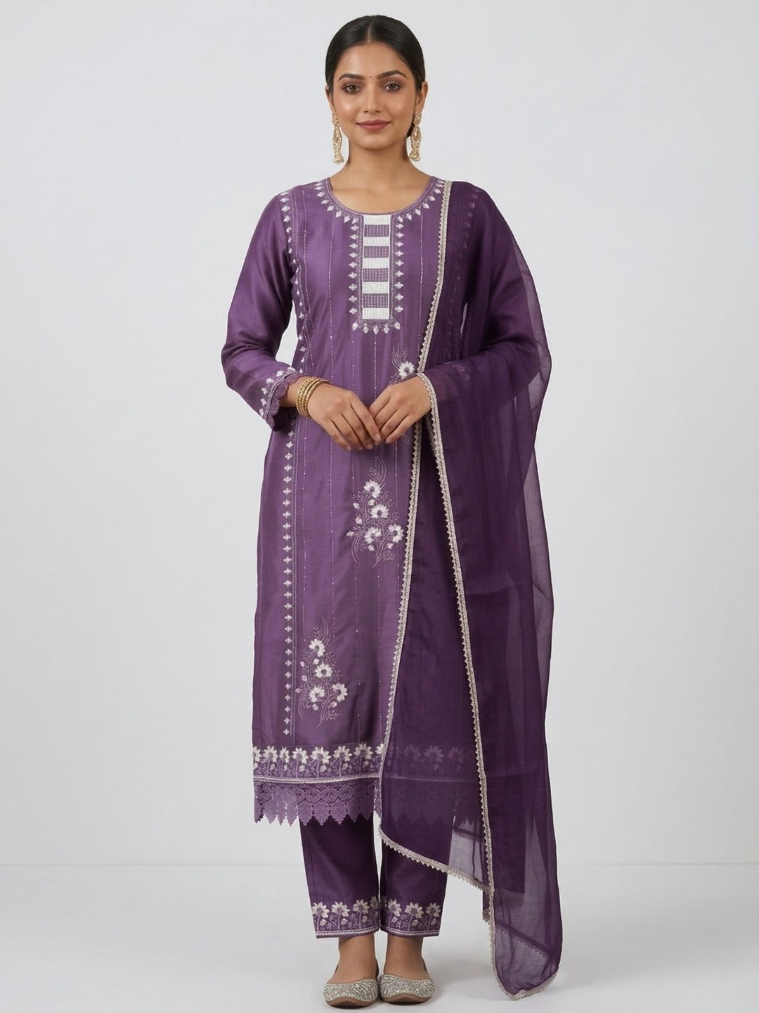 Women's Handwork Purple kurti Pant set With Dupatta