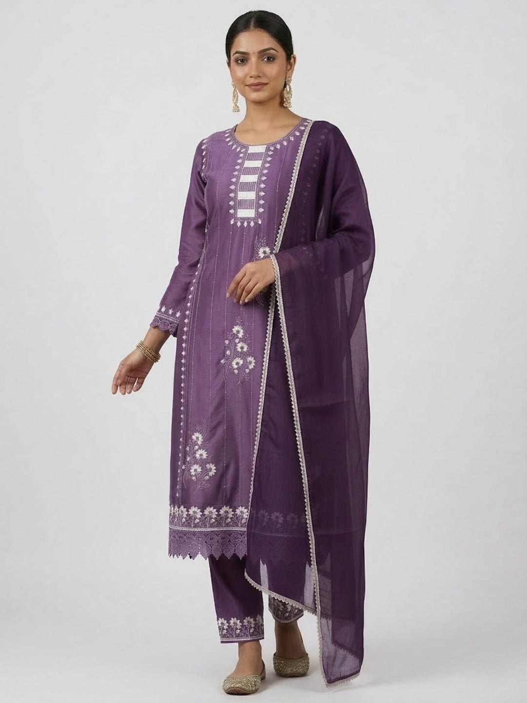 Women's purple handwork kurti pant set with dupatta, featuring intricate embroidery and traditional design, showcased in three images.
