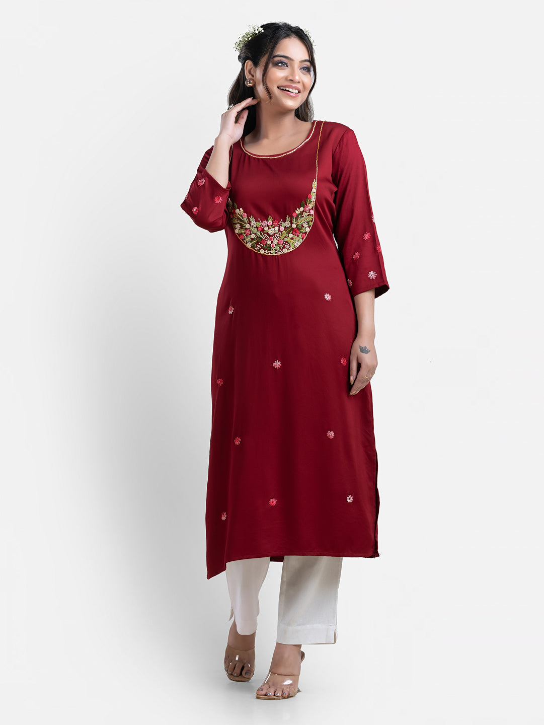 Women's 3/4th Sleeves Thread Work Maroon Kurti