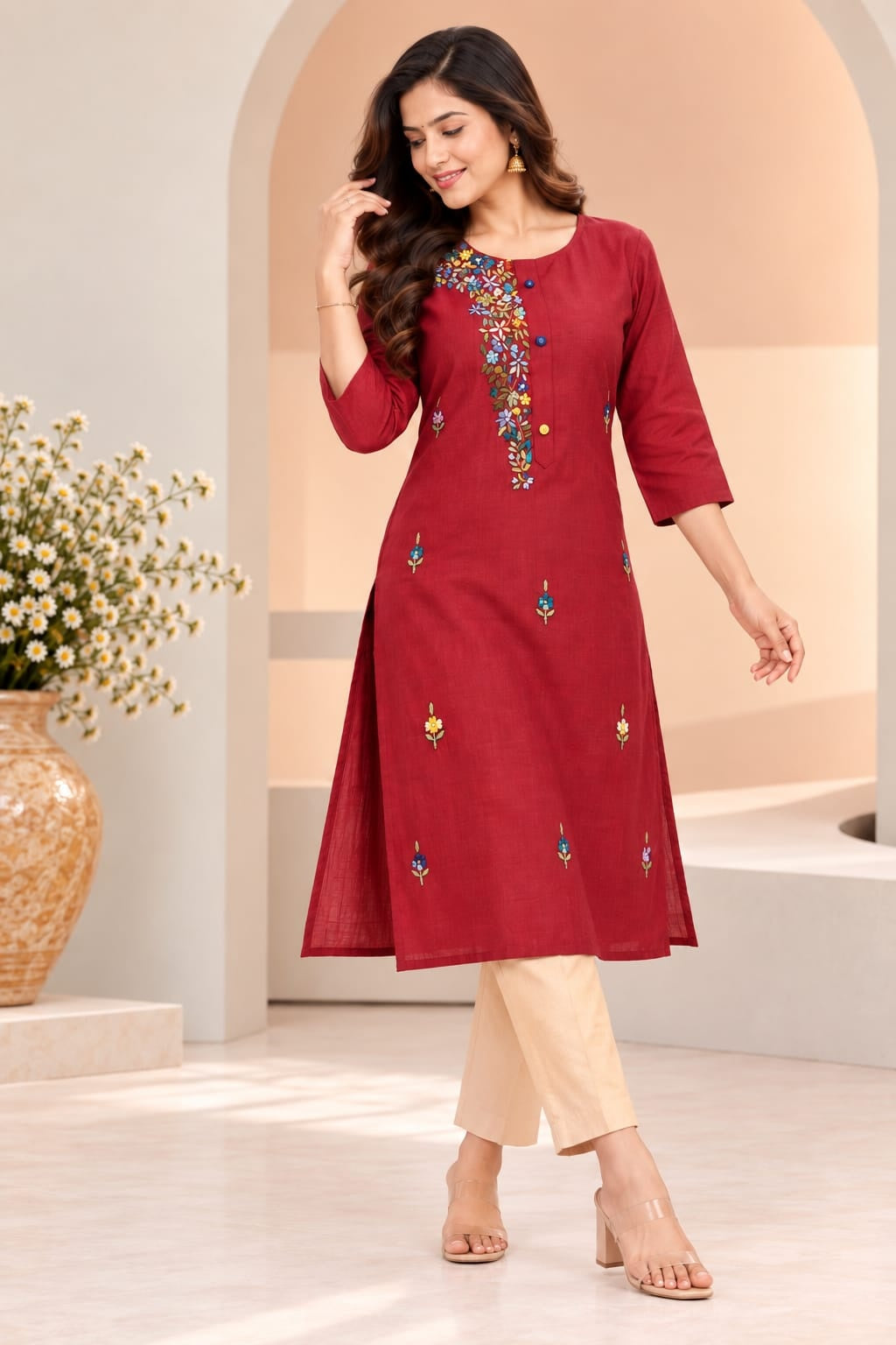 Women's Red Threadwork Kurti