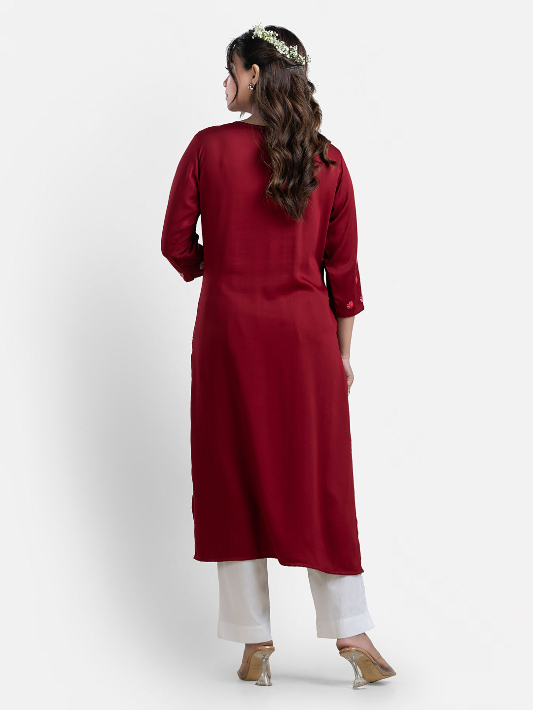 Women's 3/4th Sleeves Thread Work Maroon Kurti