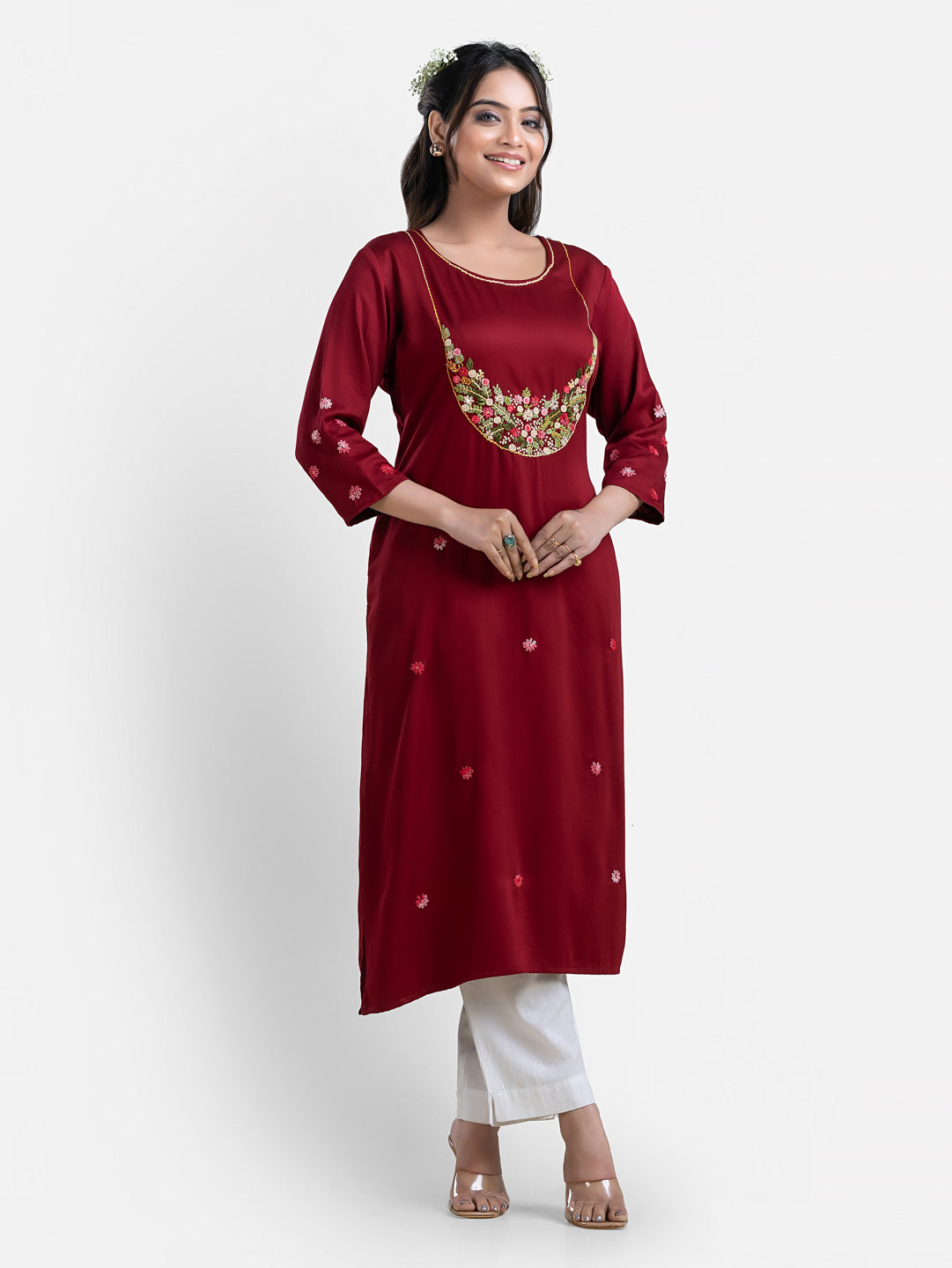 Women's 3/4th Sleeves Thread Work Maroon Kurti