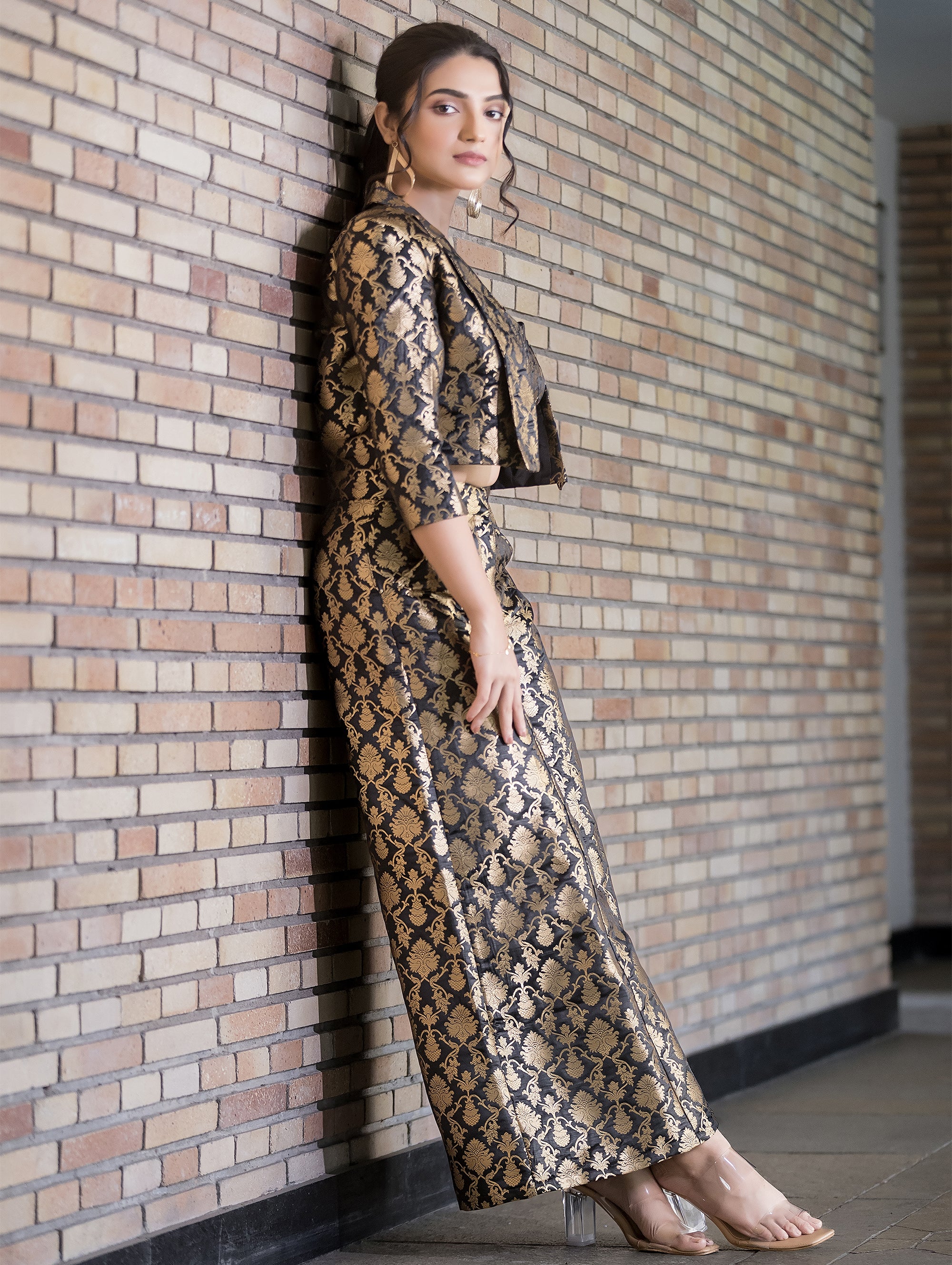 Women's Black Brocade Co-Ords Set With Blazer