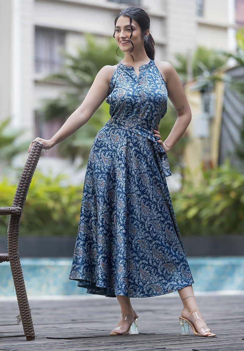 Silk Halterneck Dress with Belt - Crazy Needle Online