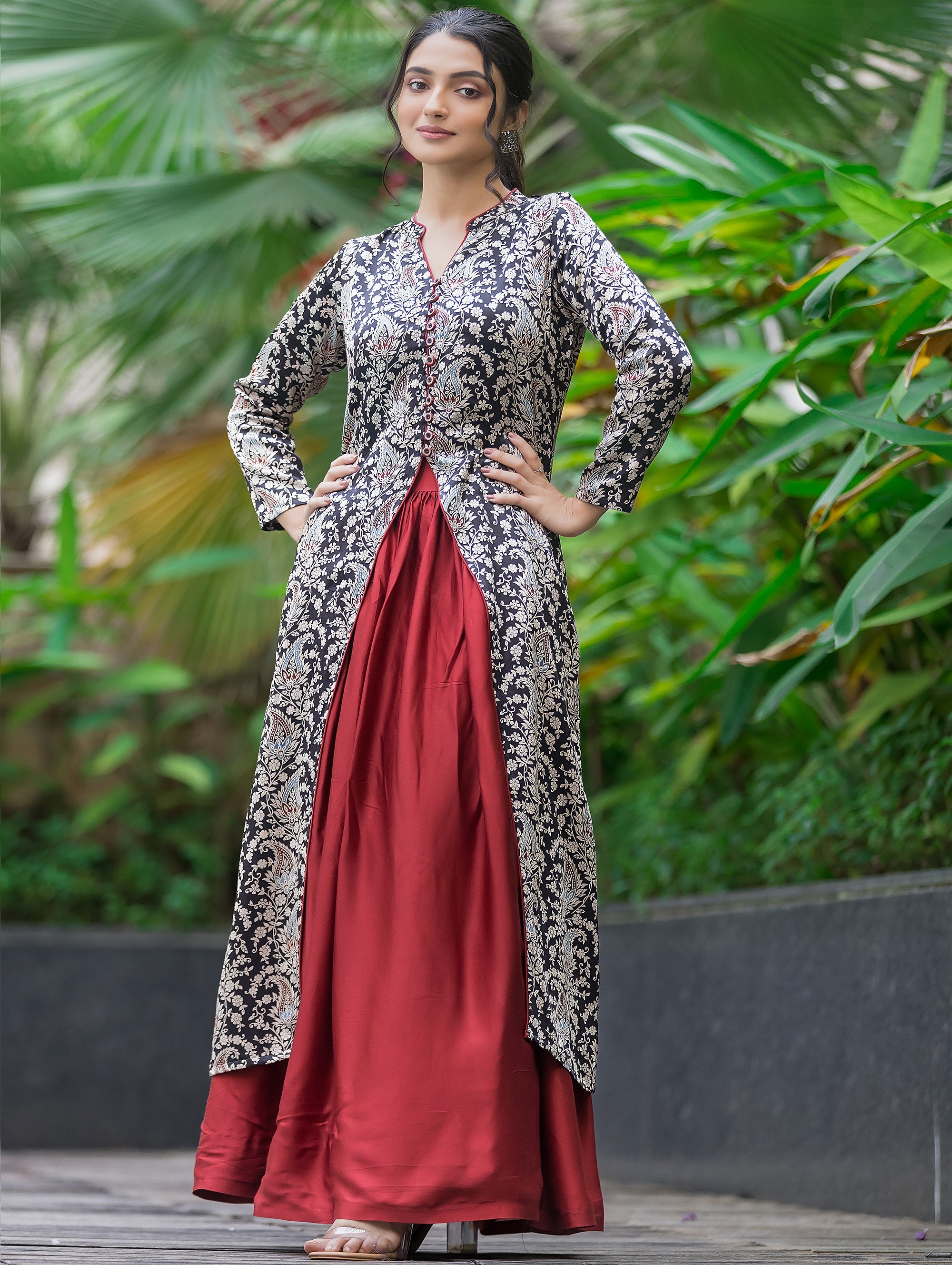 Women's Black Silk Kurti With Maroon Flared Skirt