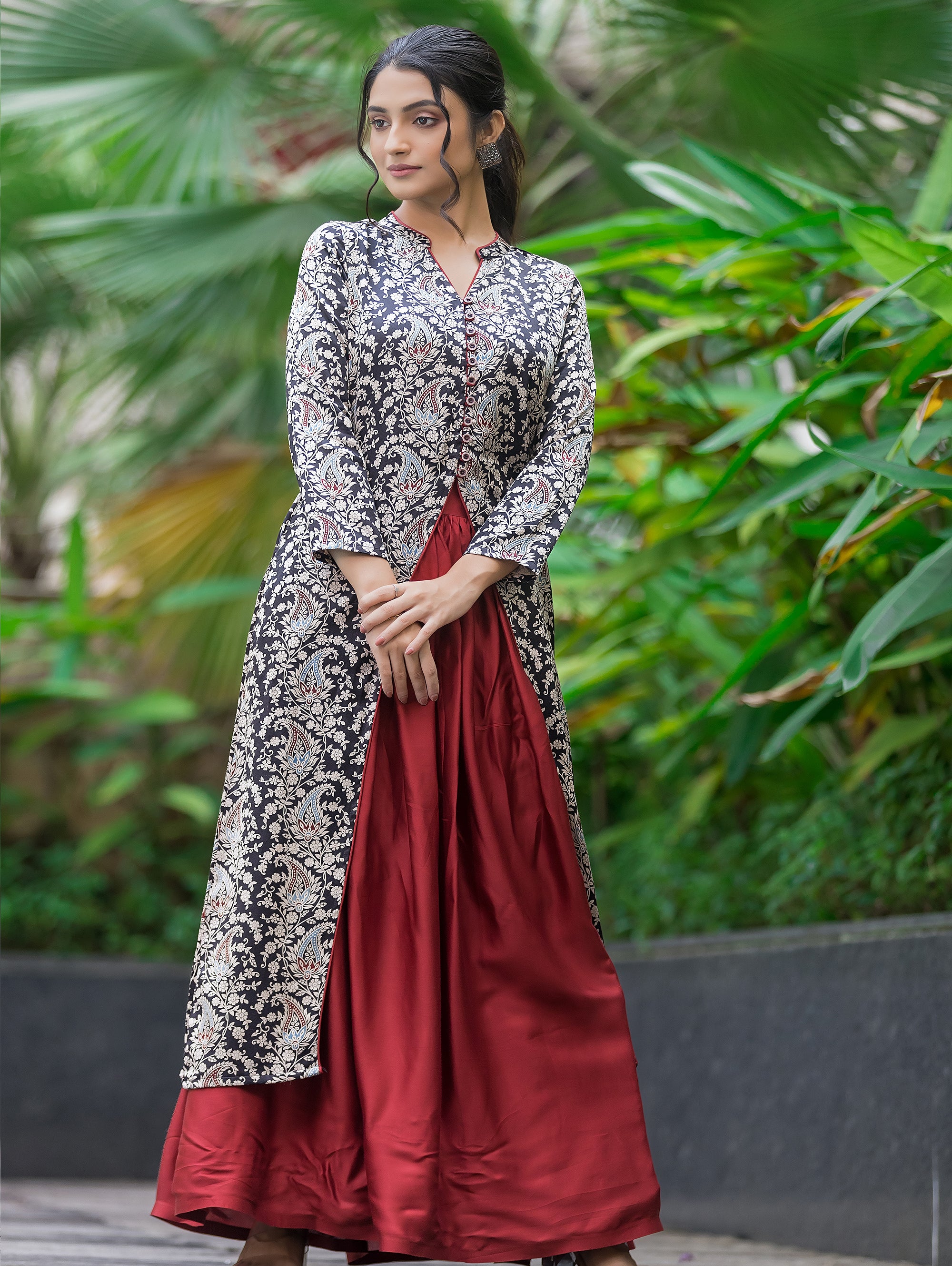 Women's Black Silk Kurti With Maroon Flared Skirt