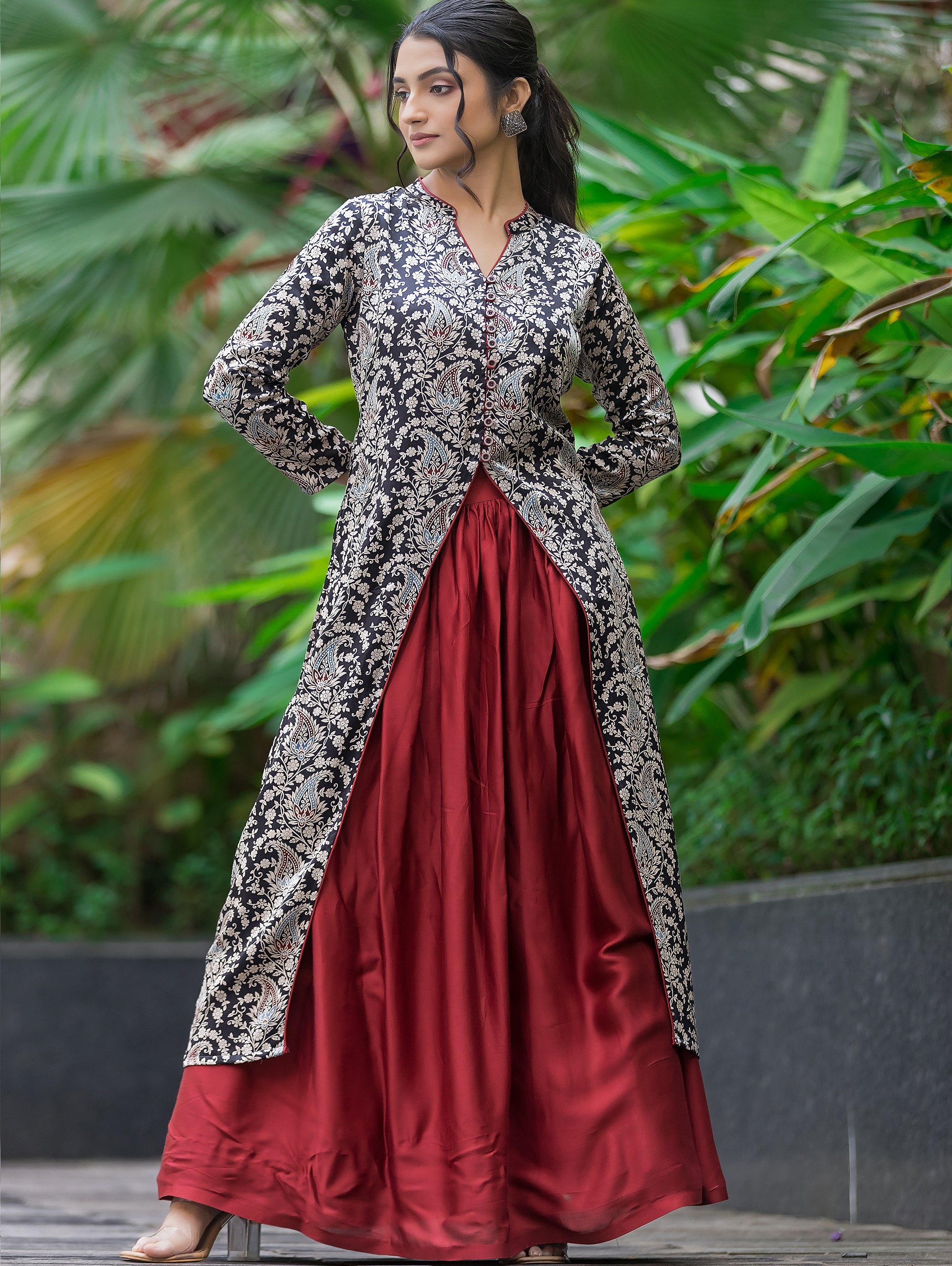 Women's Black Silk Kurti With Maroon Flared Skirt