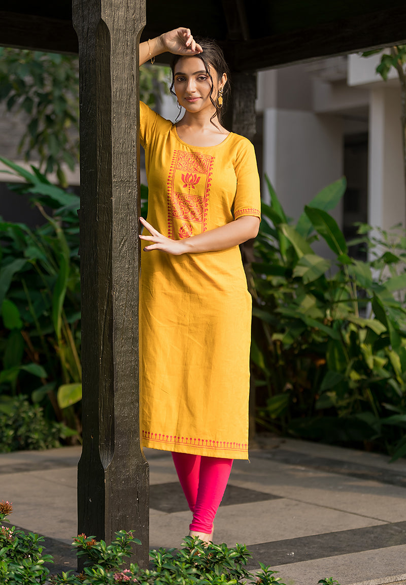 Beautiful Mustard Yellow Hand Painted Kurti