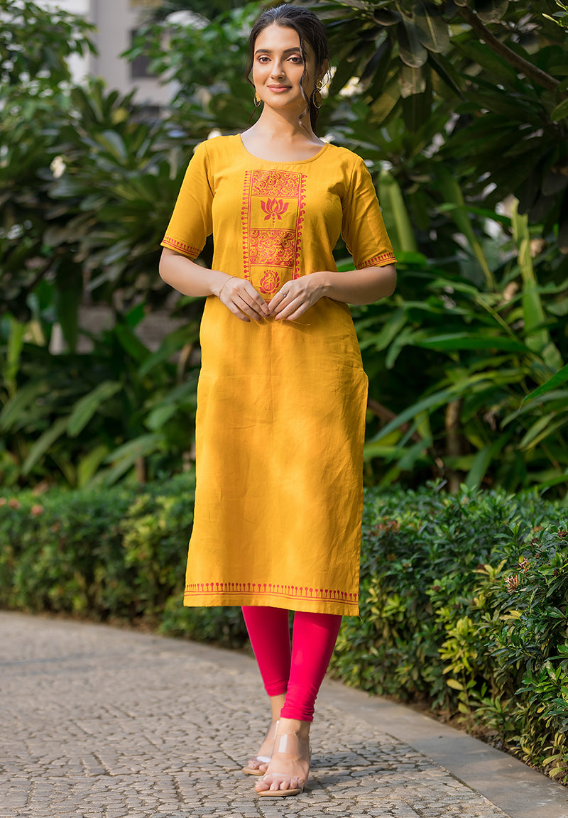 Beautiful Mustard Yellow Hand Painted Kurti
