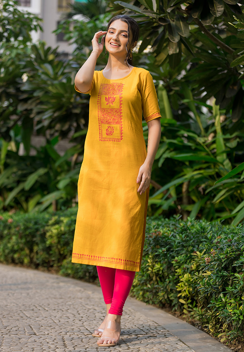 Beautiful Mustard Yellow Hand Painted Kurti