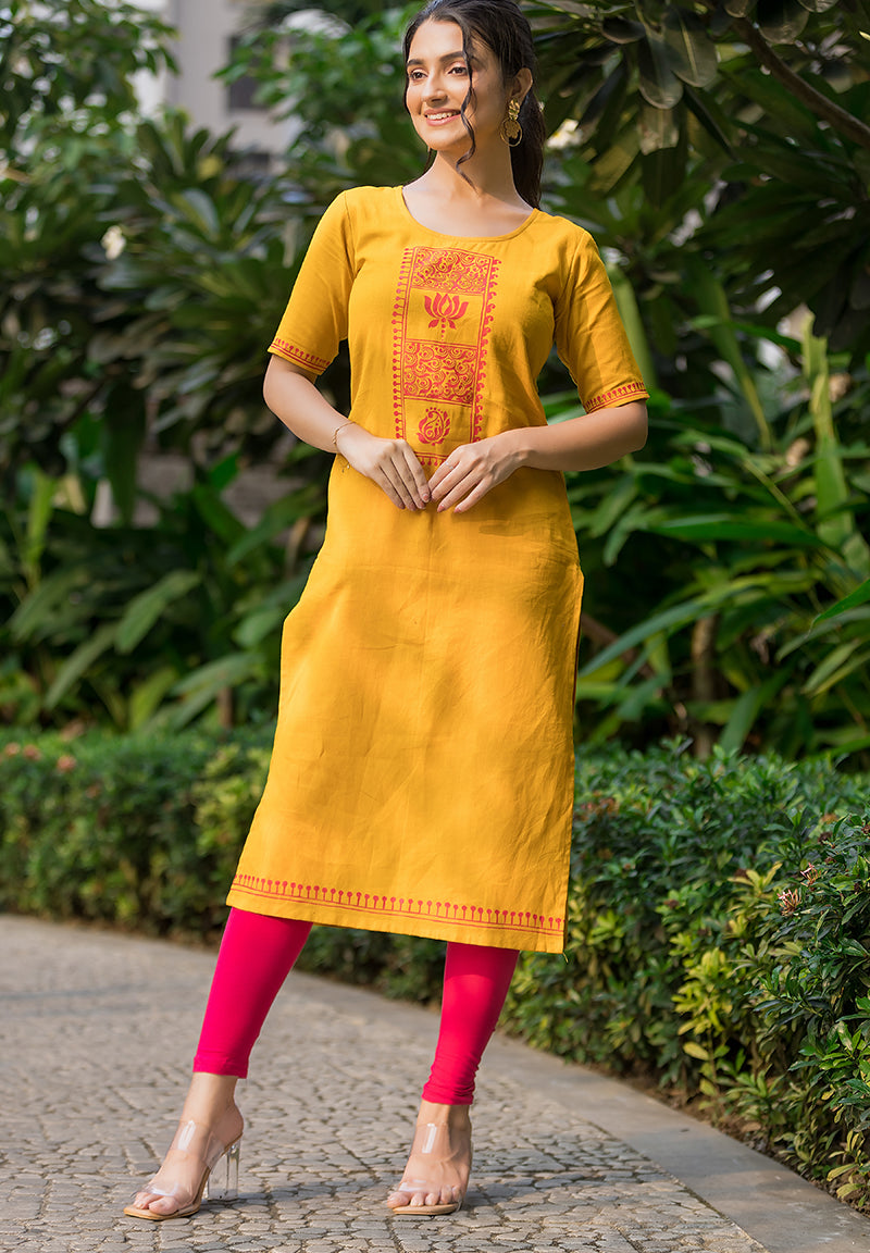 Beautiful Mustard Yellow Hand Painted Kurti - Crazy Needle Online
