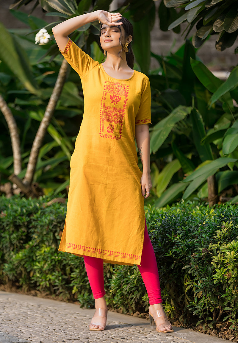 Beautiful Mustard Yellow Hand Painted Kurti - Crazy Needle Online