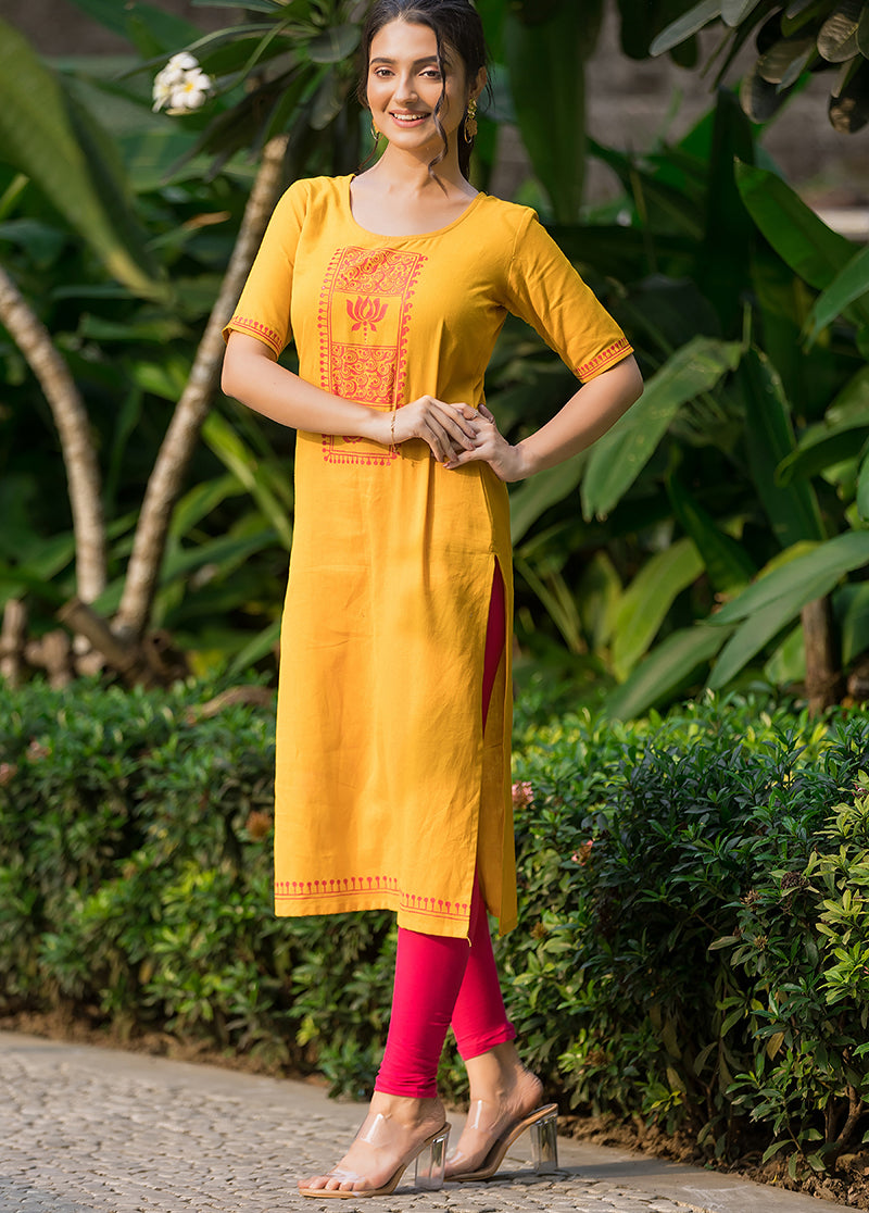 Beautiful Mustard Yellow Hand Painted Kurti