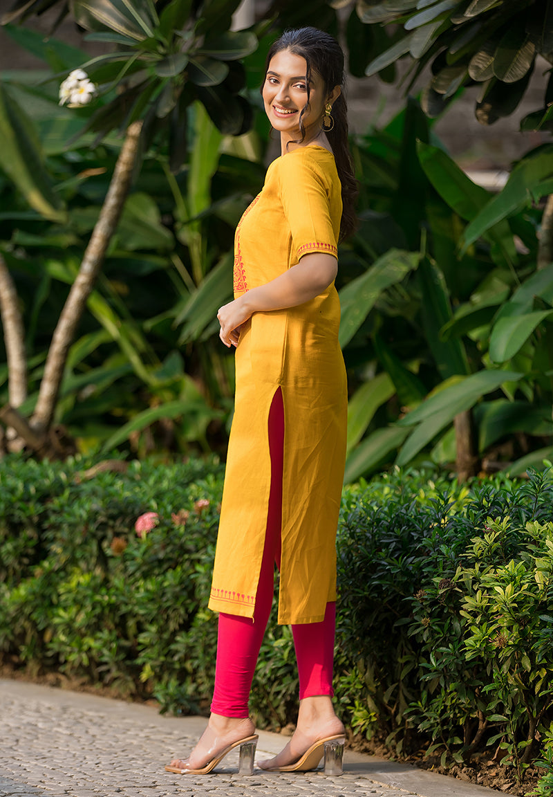 Beautiful Mustard Yellow Hand Painted Kurti - Crazy Needle Online