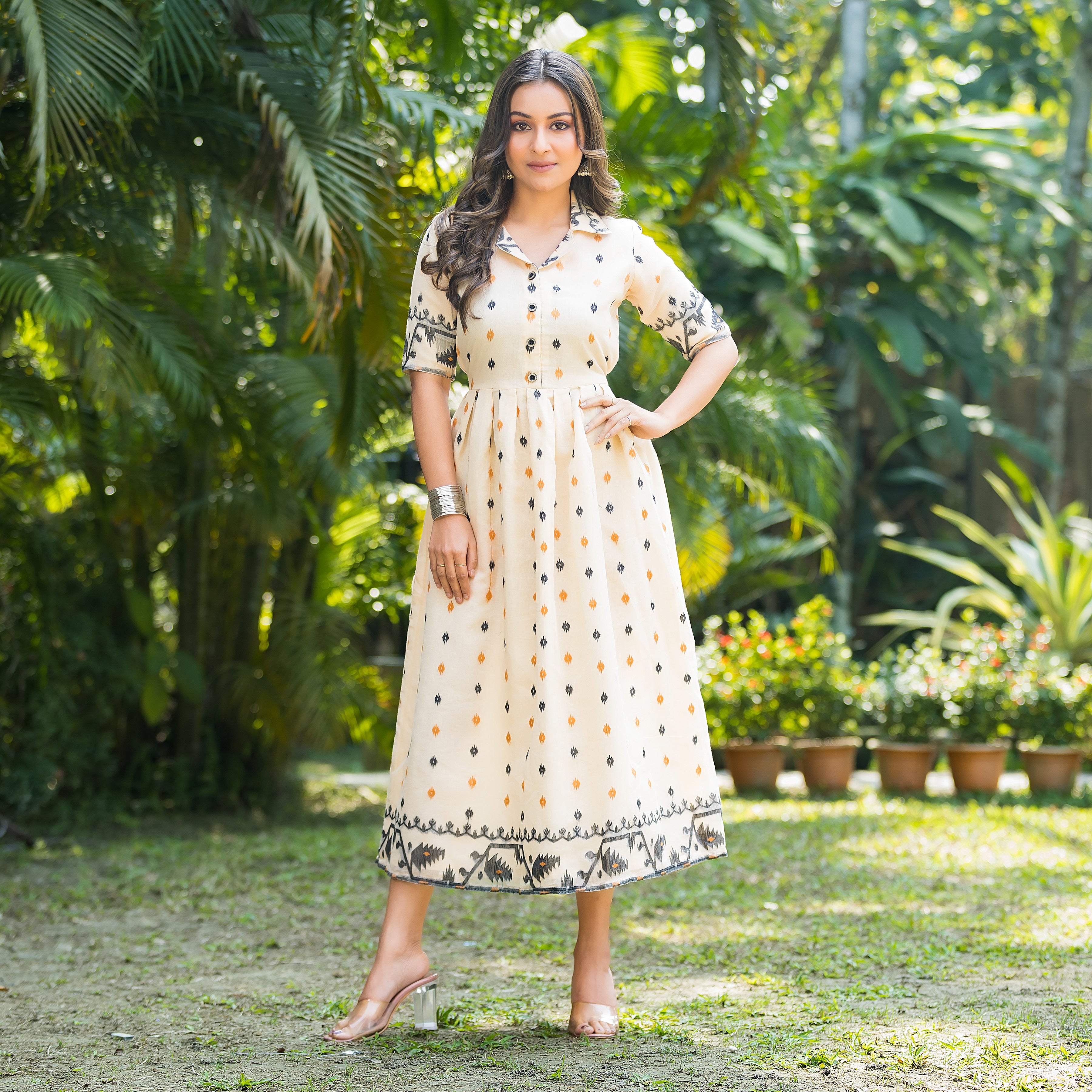 Women's Handwoven Off-White Jamdani Dress