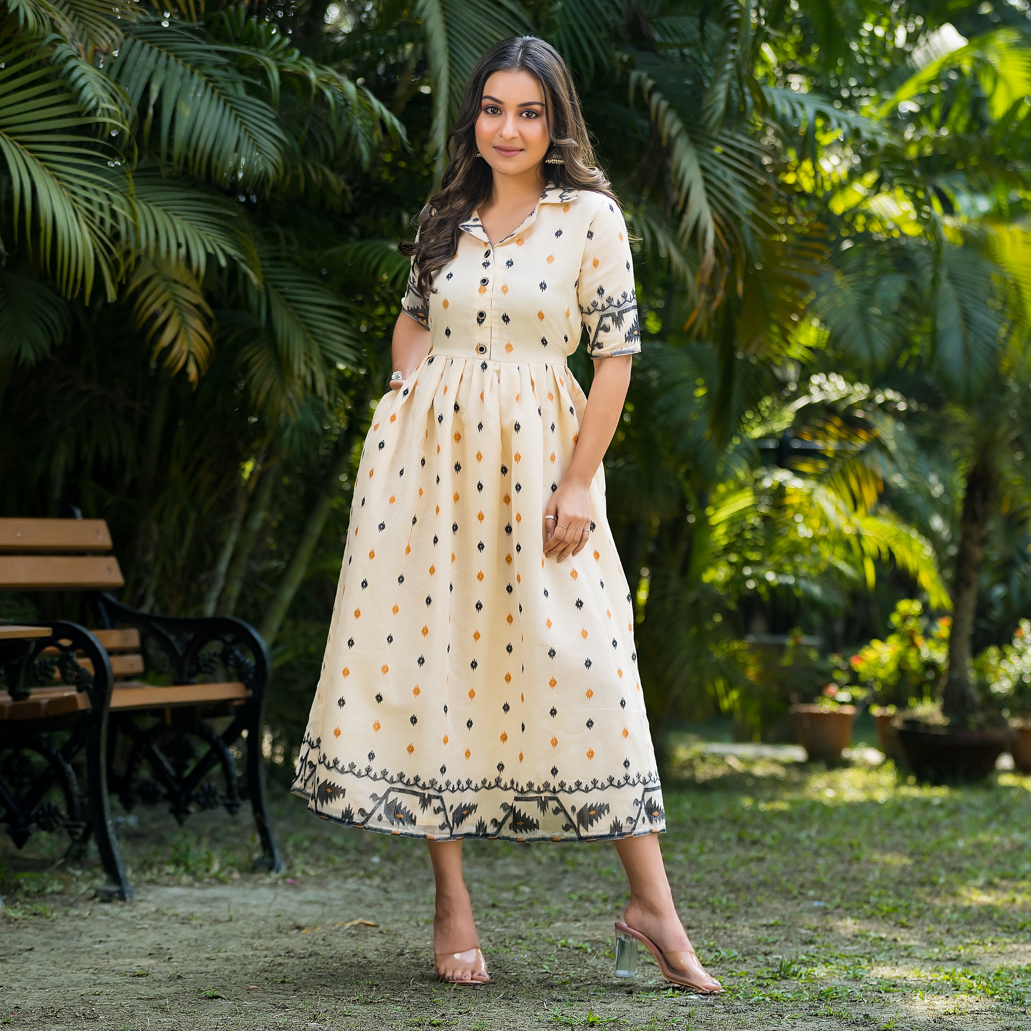 Women's Handwoven Off-White Jamdani Dress