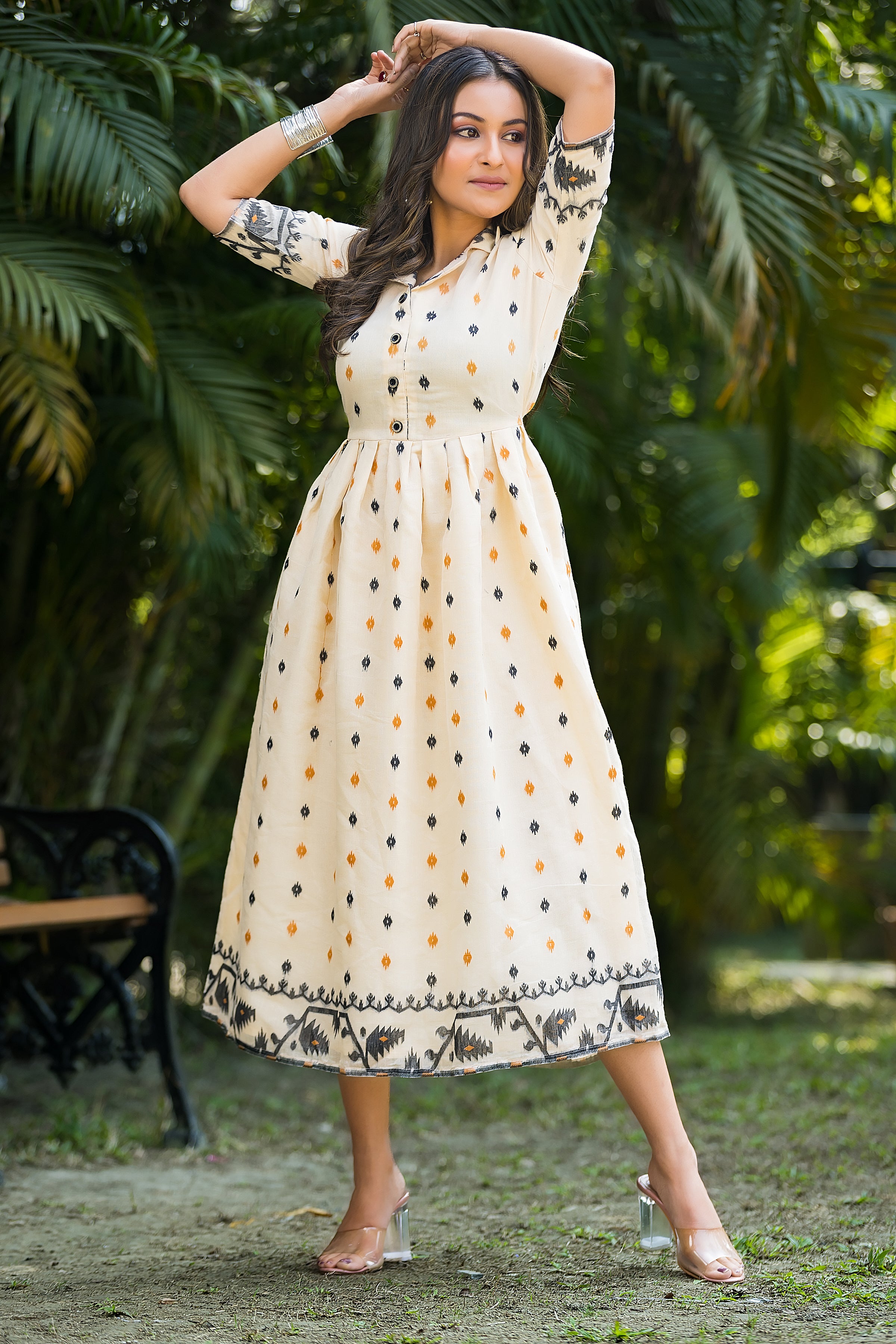 Women's Handwoven Off-White Jamdani Dress