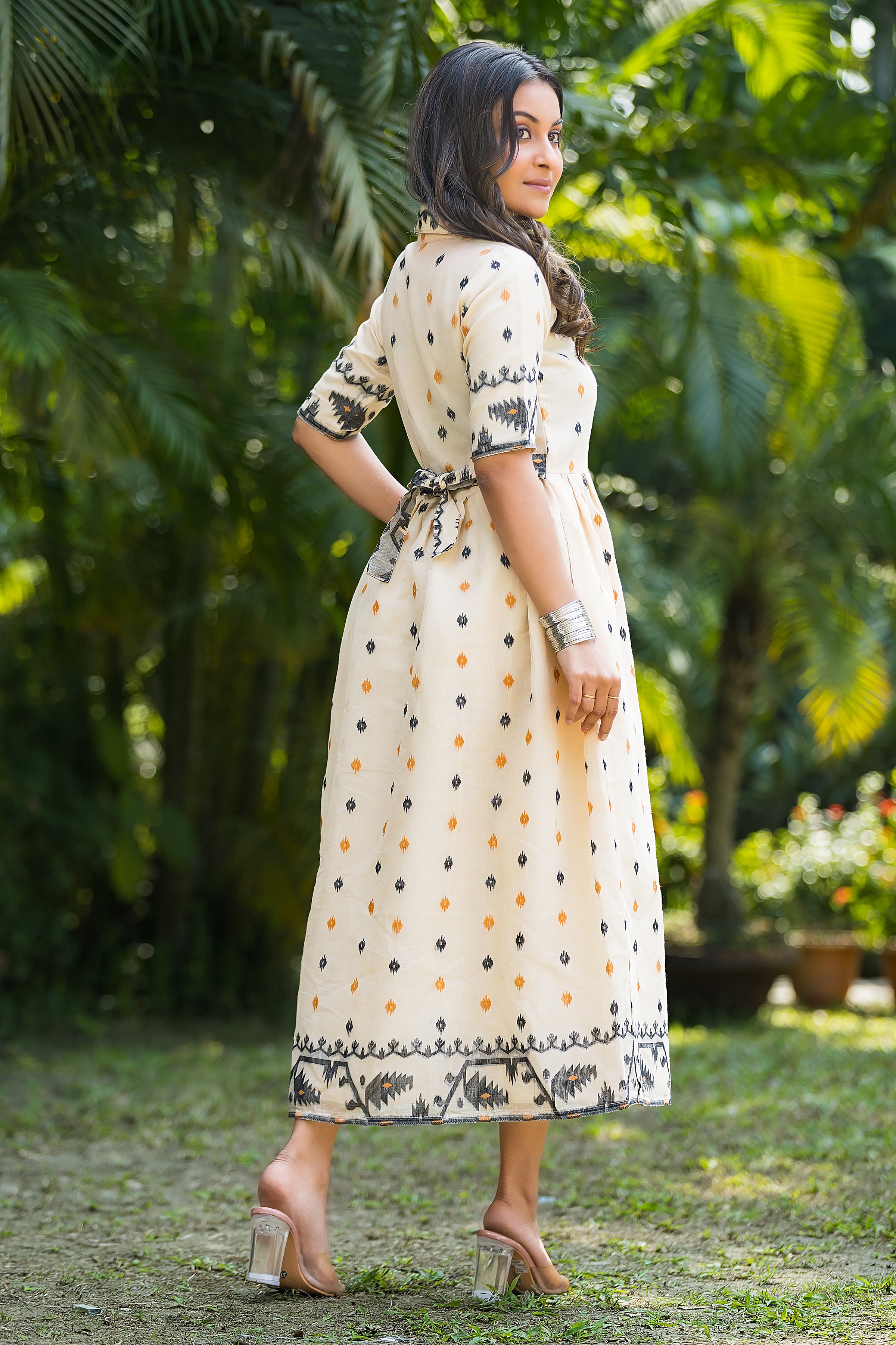 Women's Handwoven Off-White Jamdani Dress