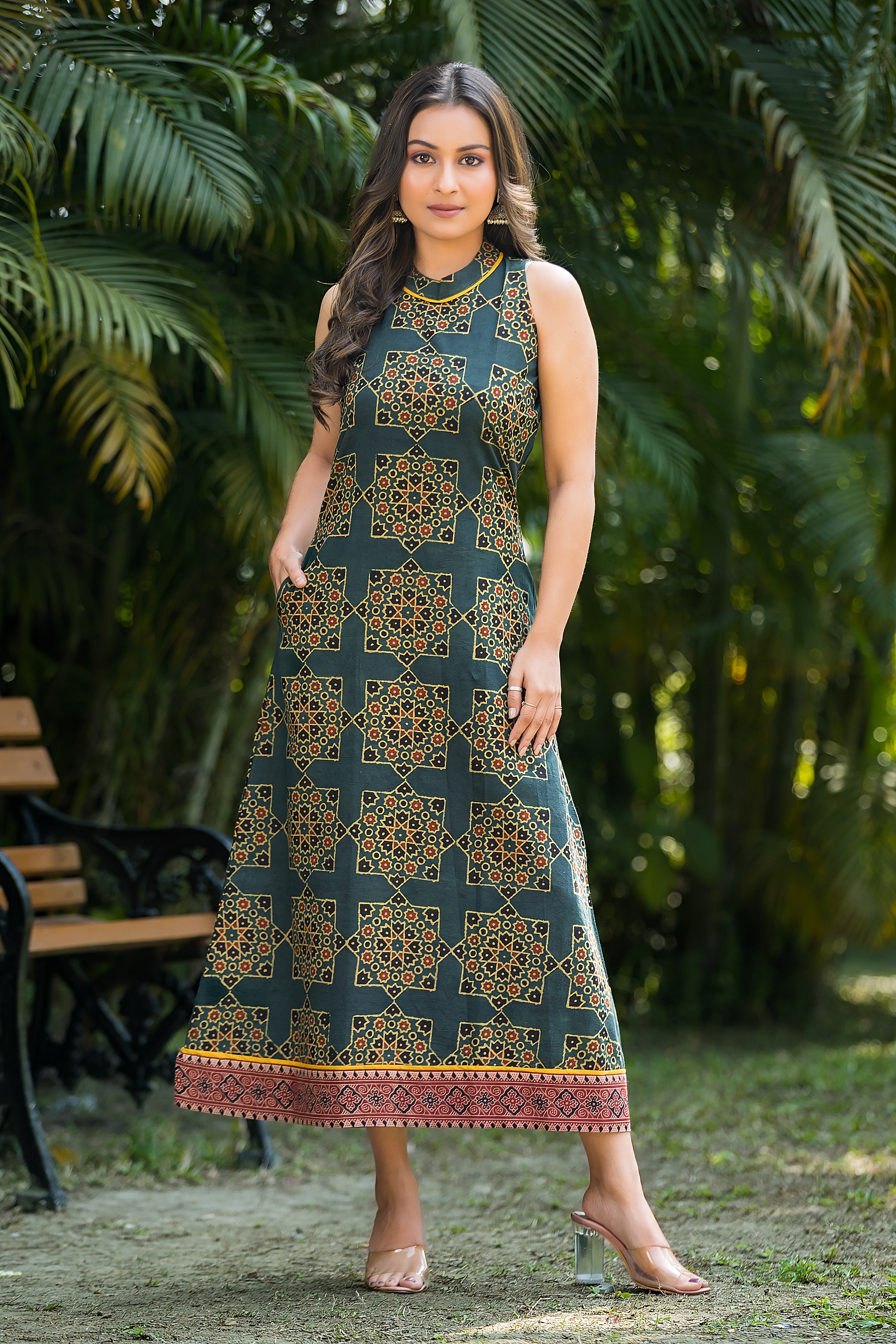 Women's Green Ajrakh Handblock Dress