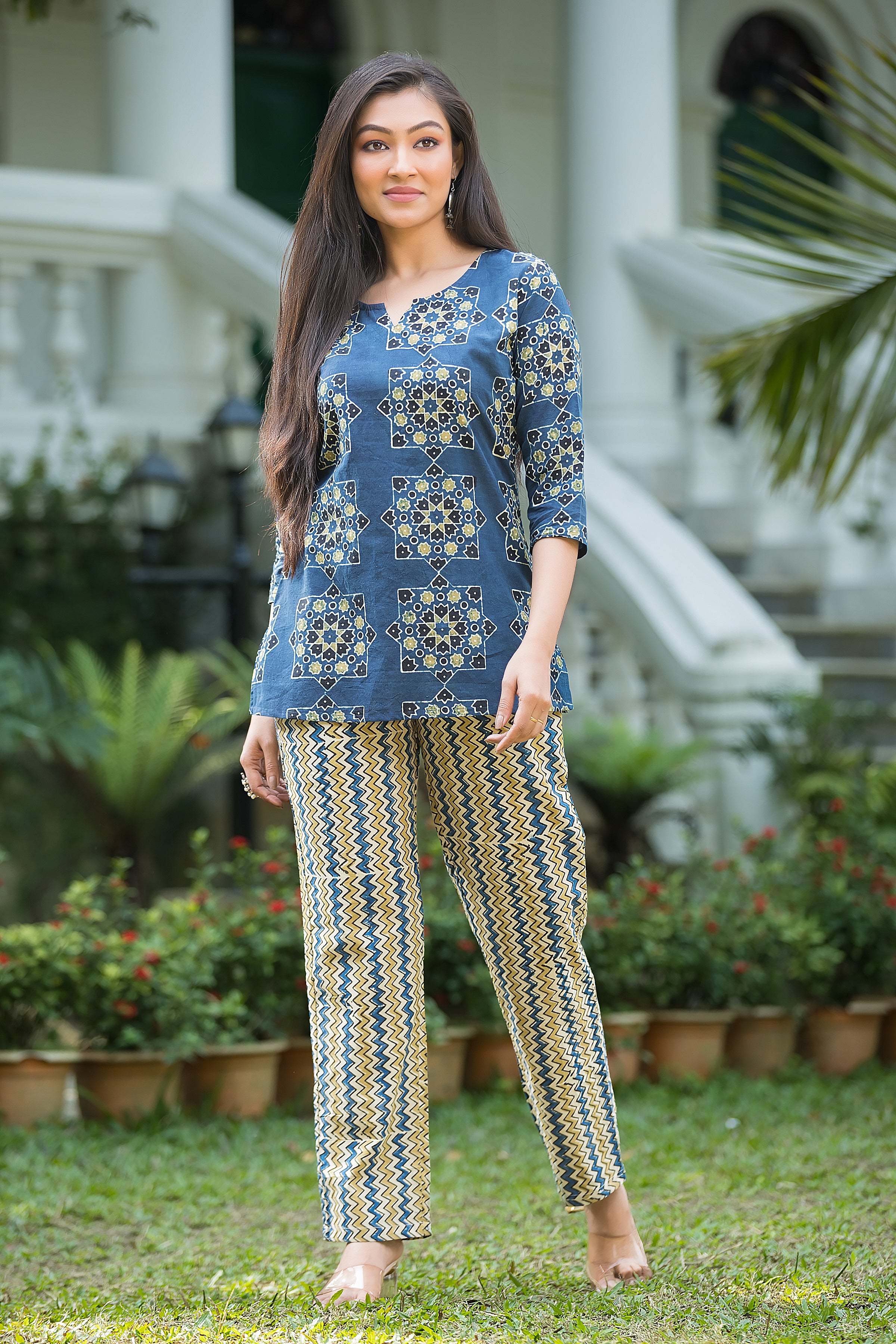 Women's Blue Ajrakh Top With Pant